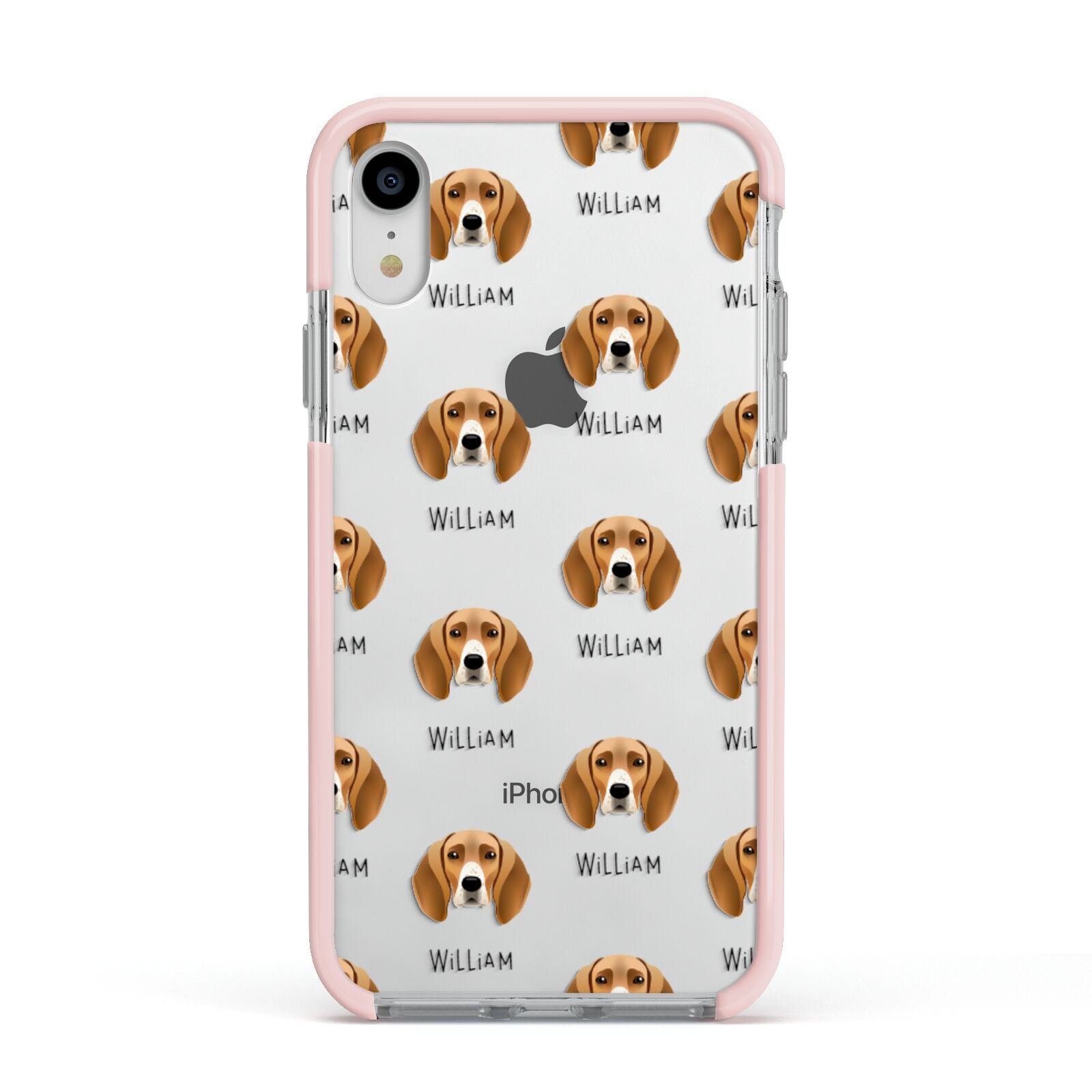 Foxhound Icon with Name Apple iPhone XR Impact Case Pink Edge on Silver Phone