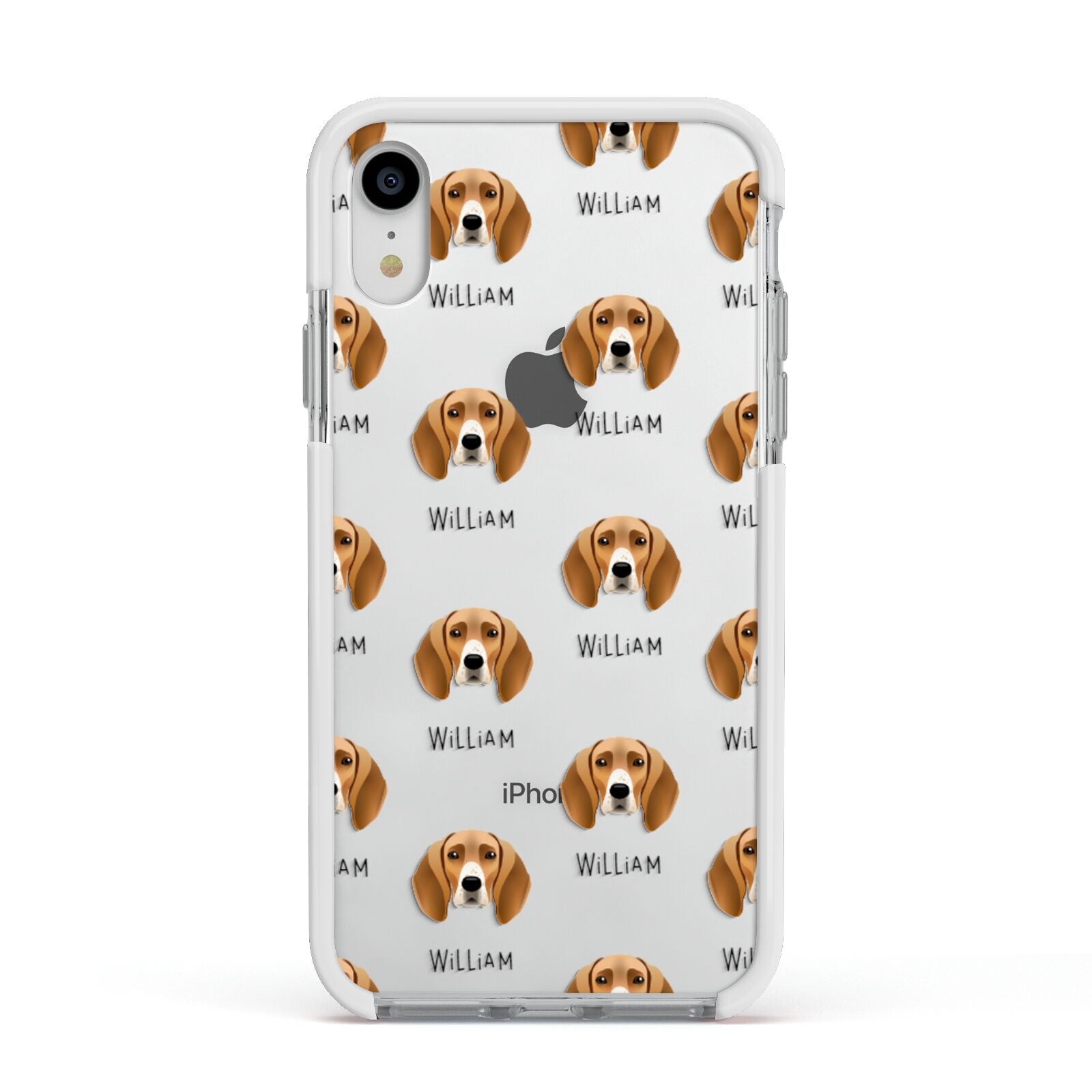 Foxhound Icon with Name Apple iPhone XR Impact Case White Edge on Silver Phone