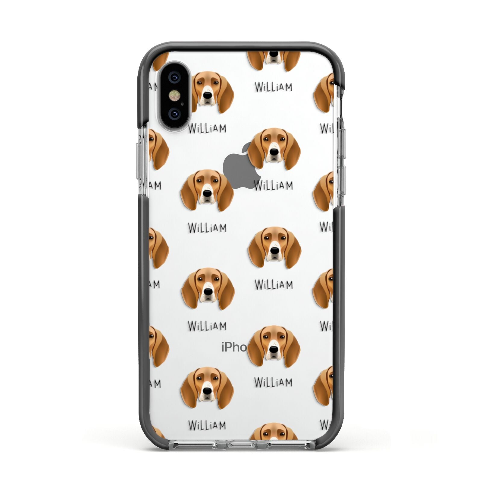 Foxhound Icon with Name Apple iPhone Xs Impact Case Black Edge on Silver Phone