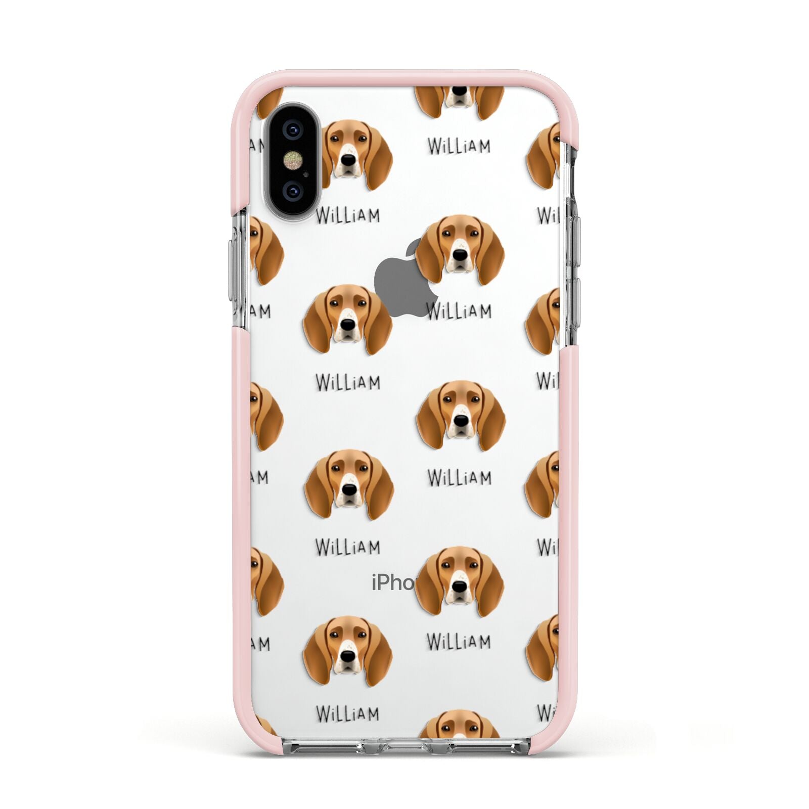 Foxhound Icon with Name Apple iPhone Xs Impact Case Pink Edge on Silver Phone