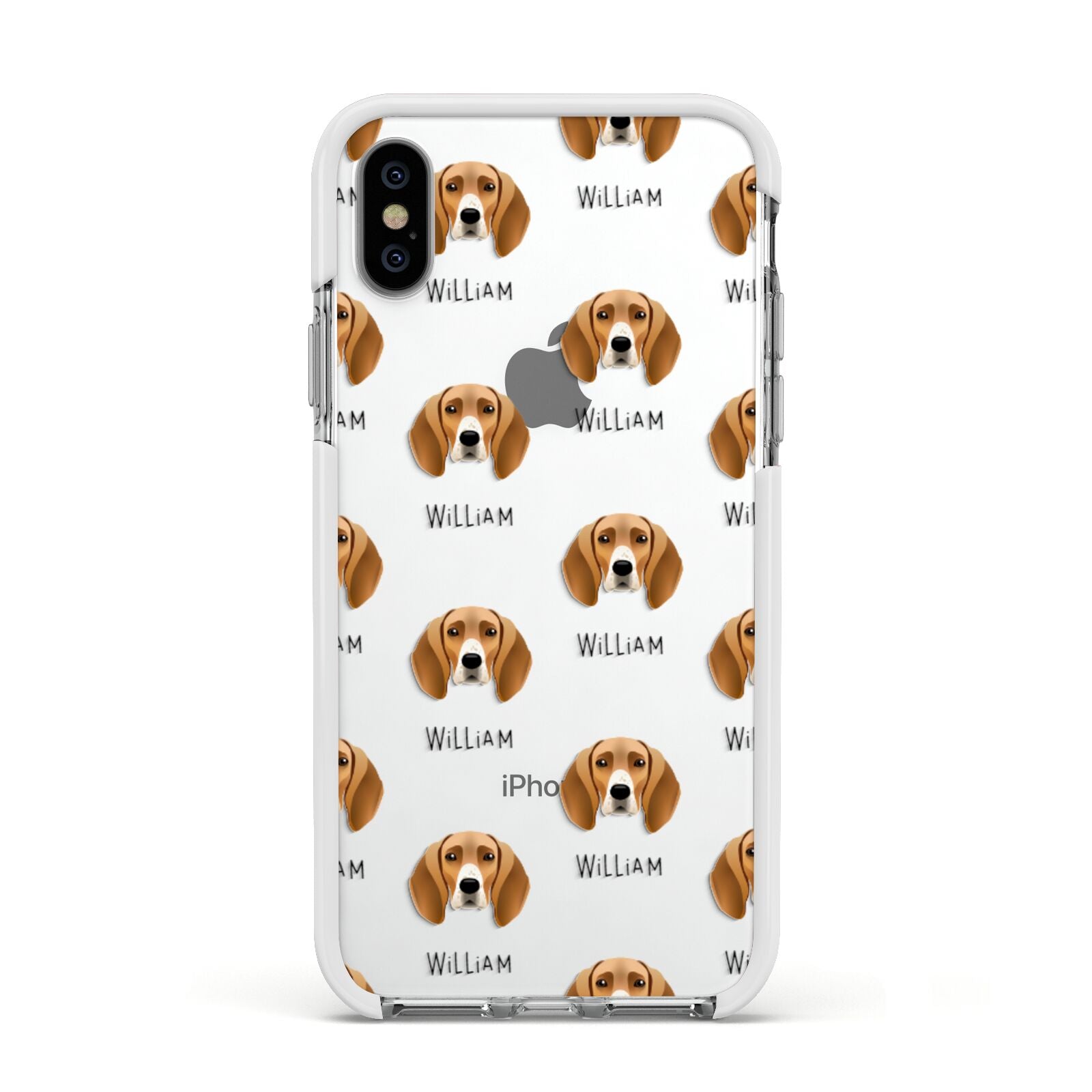 Foxhound Icon with Name Apple iPhone Xs Impact Case White Edge on Silver Phone