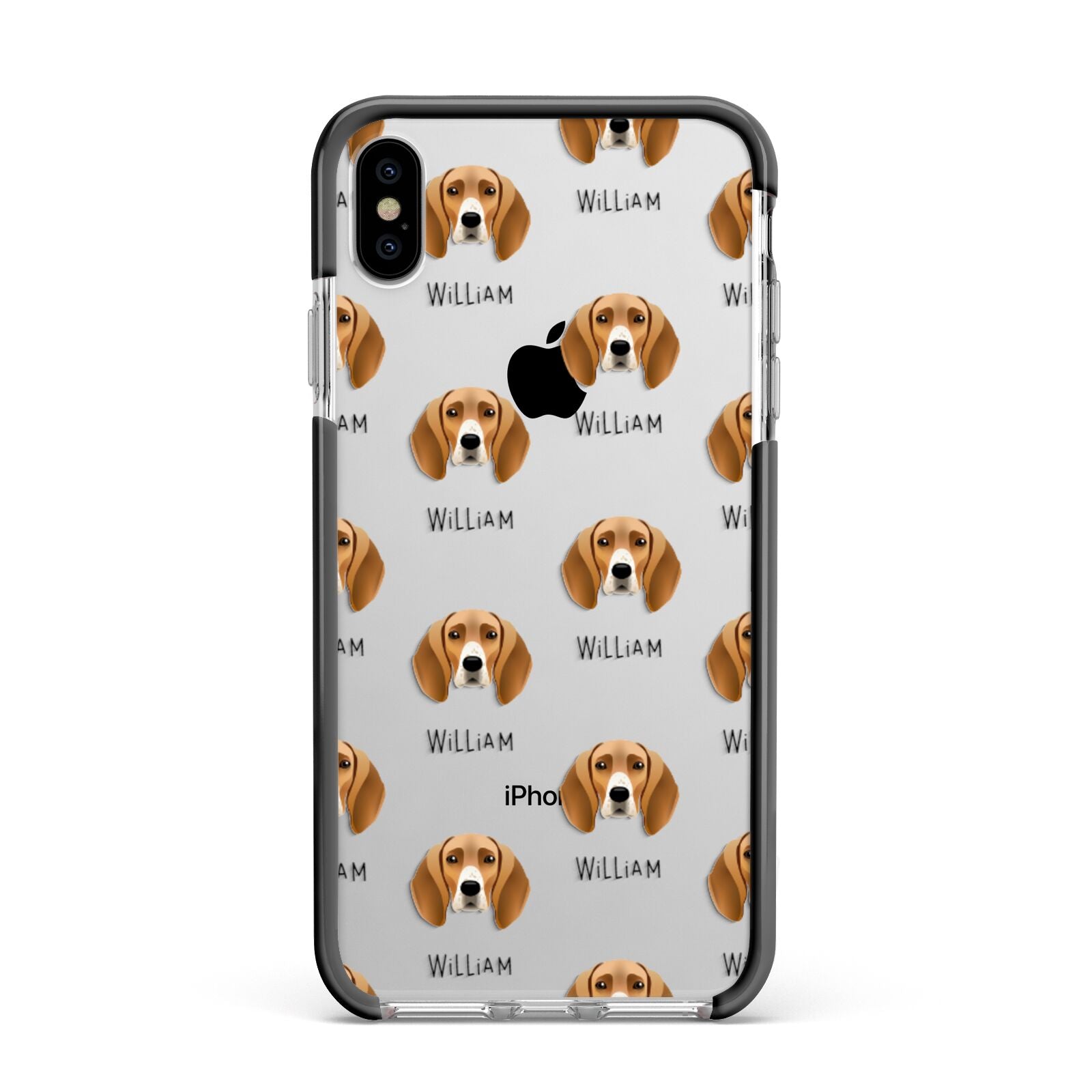 Foxhound Icon with Name Apple iPhone Xs Max Impact Case Black Edge on Silver Phone