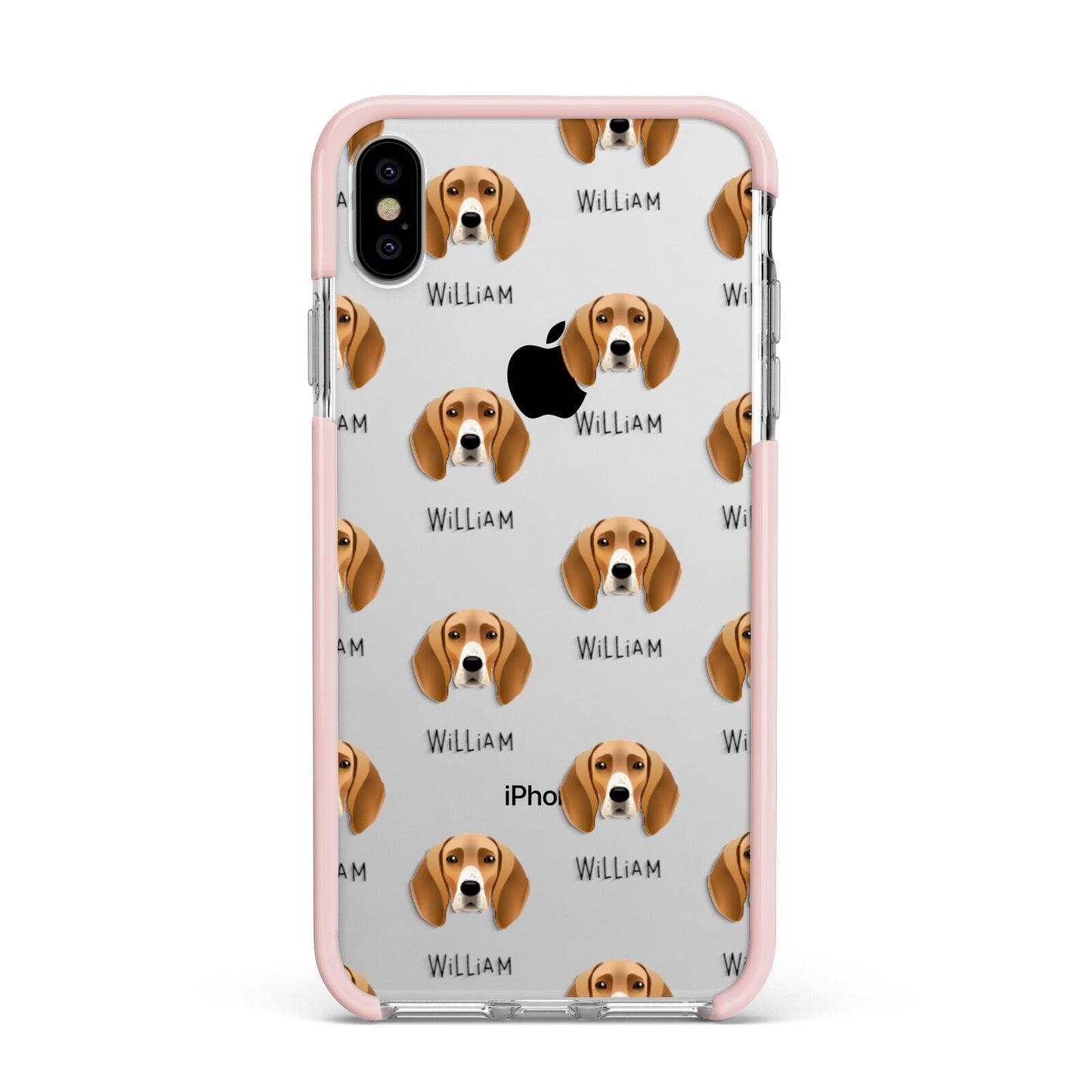 Foxhound Icon with Name Apple iPhone Xs Max Impact Case Pink Edge on Silver Phone