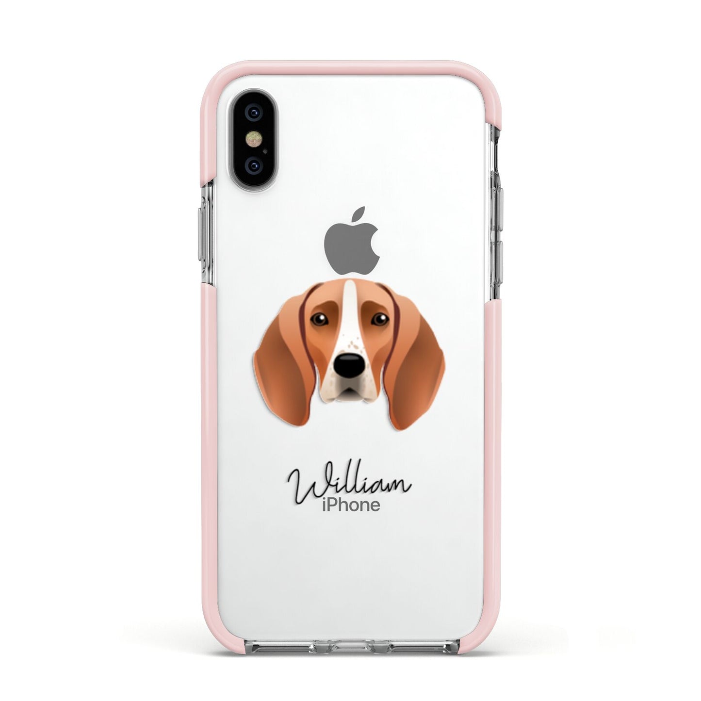 Foxhound Personalised Apple iPhone Xs Impact Case Pink Edge on Silver Phone