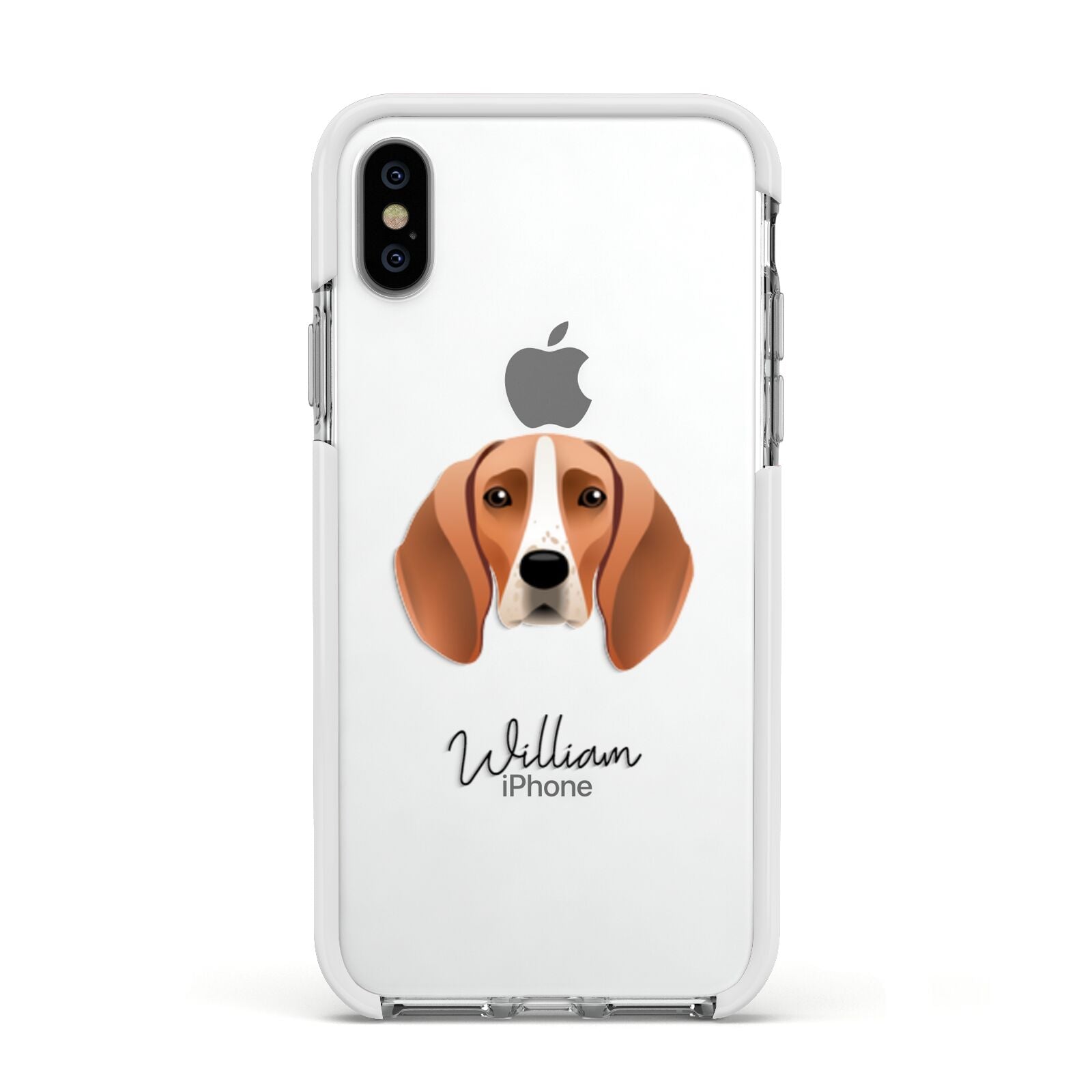 Foxhound Personalised Apple iPhone Xs Impact Case White Edge on Silver Phone