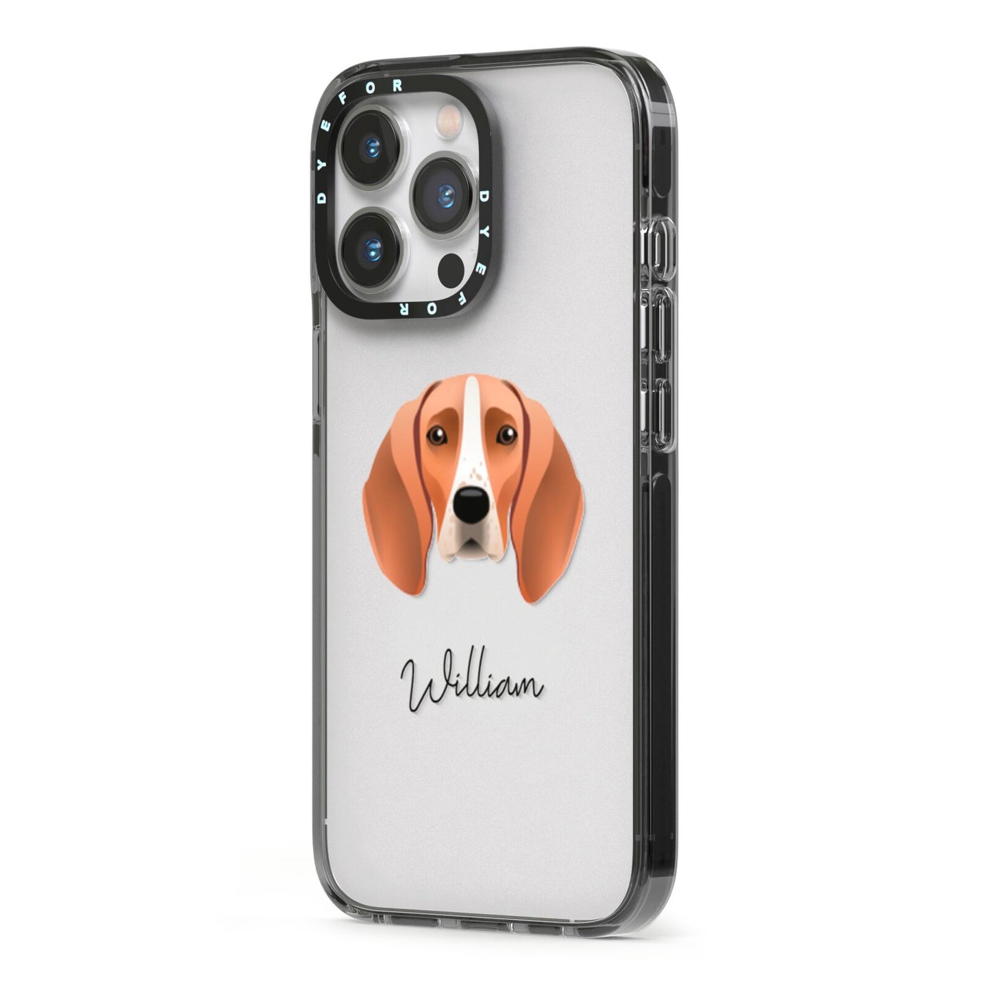 Foxhound Personalised iPhone 13 Pro Black Impact Case Side Angle on Silver phone