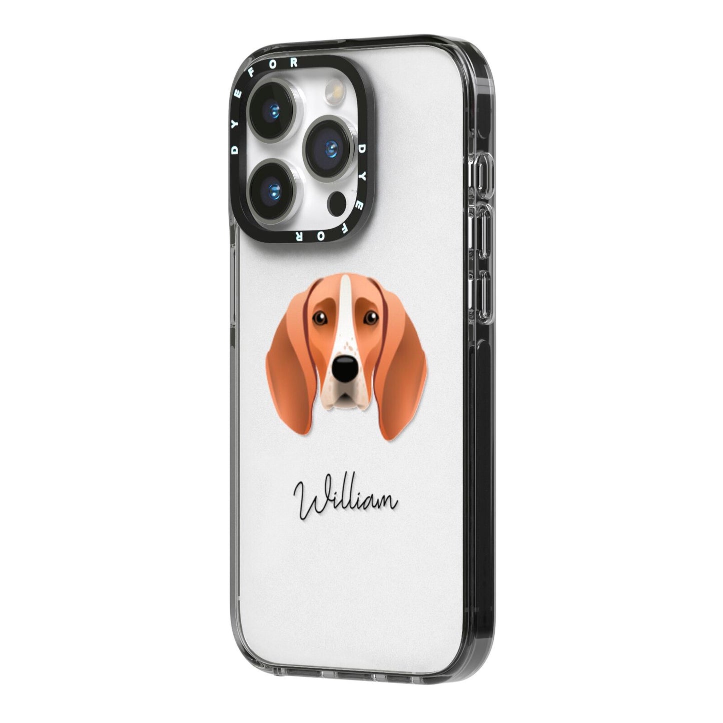 Foxhound Personalised iPhone 14 Pro Black Impact Case Side Angle on Silver phone