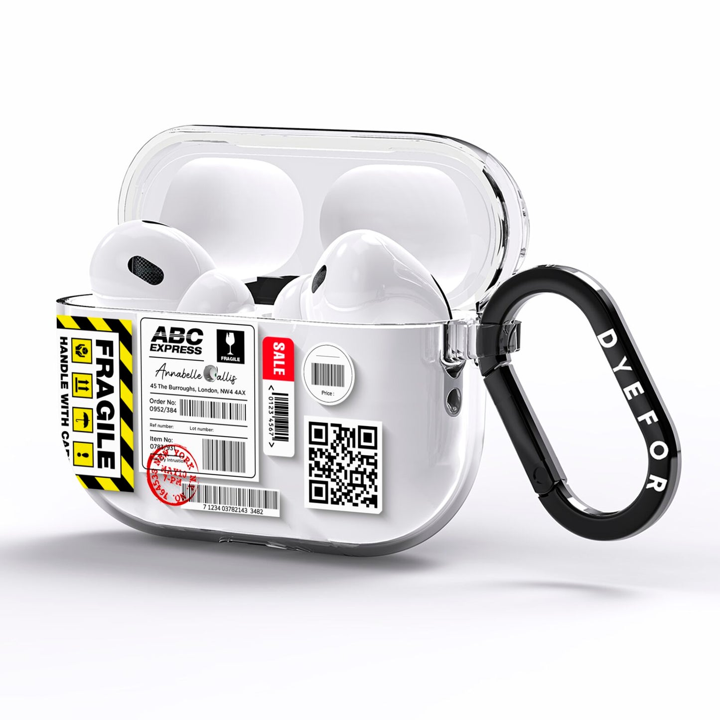 Fragile Courier Labels with Name AirPods Pro Clear Case Side Image