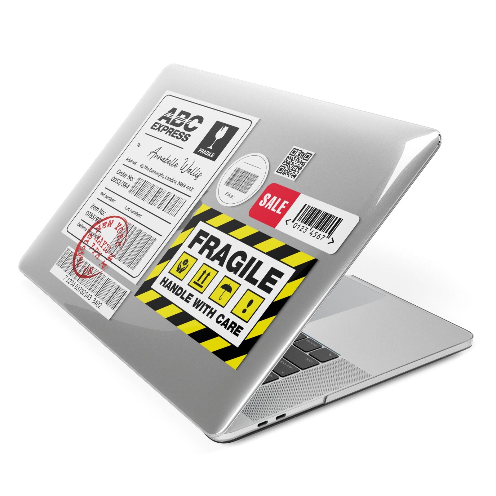 Fragile Courier Labels with Name Apple MacBook Case Side View