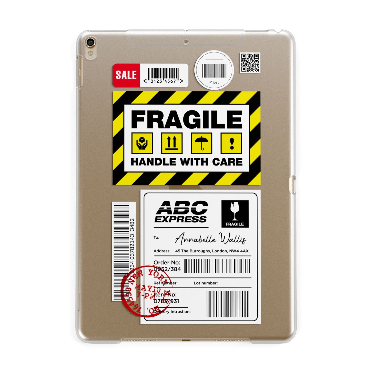 Fragile Courier Labels with Name Apple iPad Gold Case