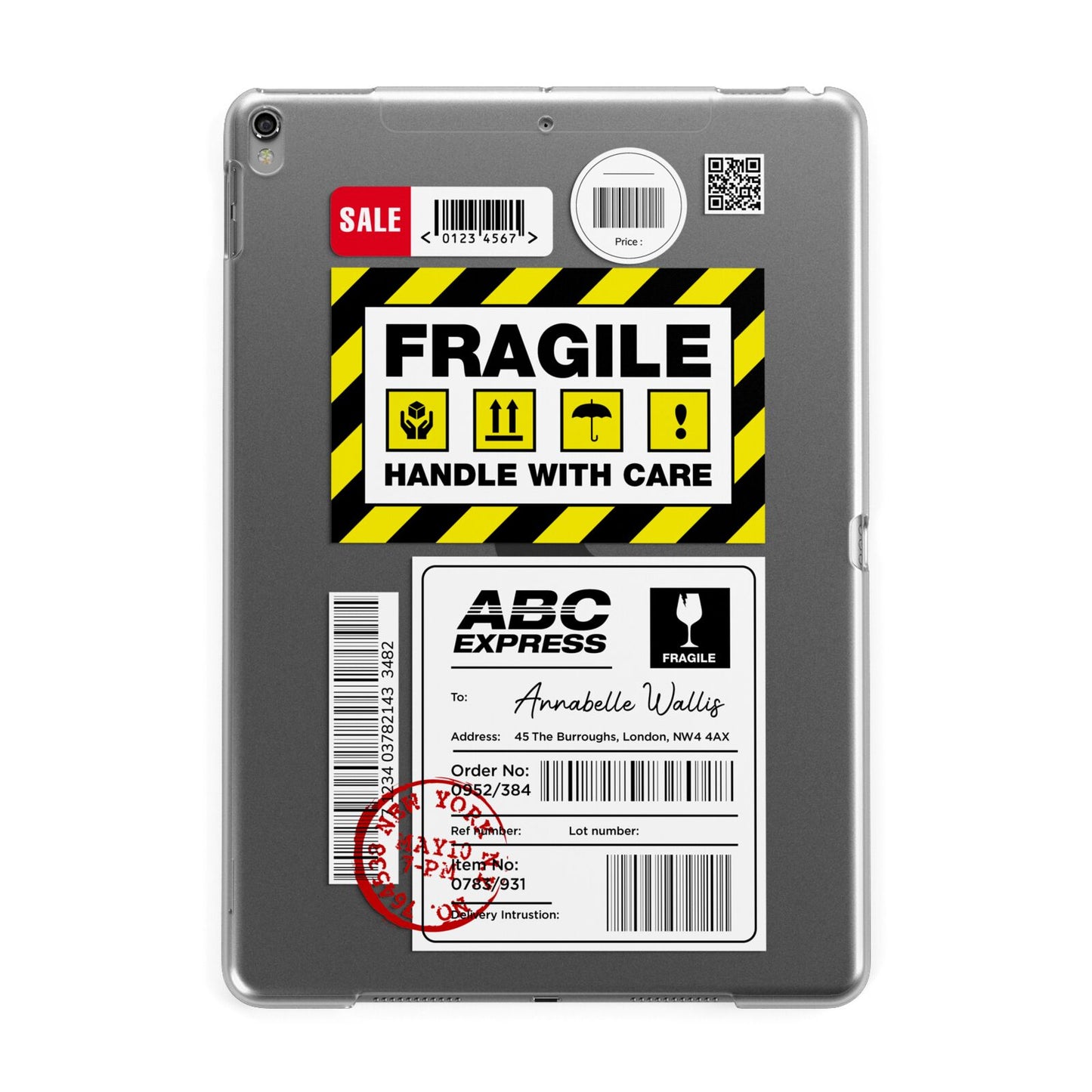 Fragile Courier Labels with Name Apple iPad Grey Case