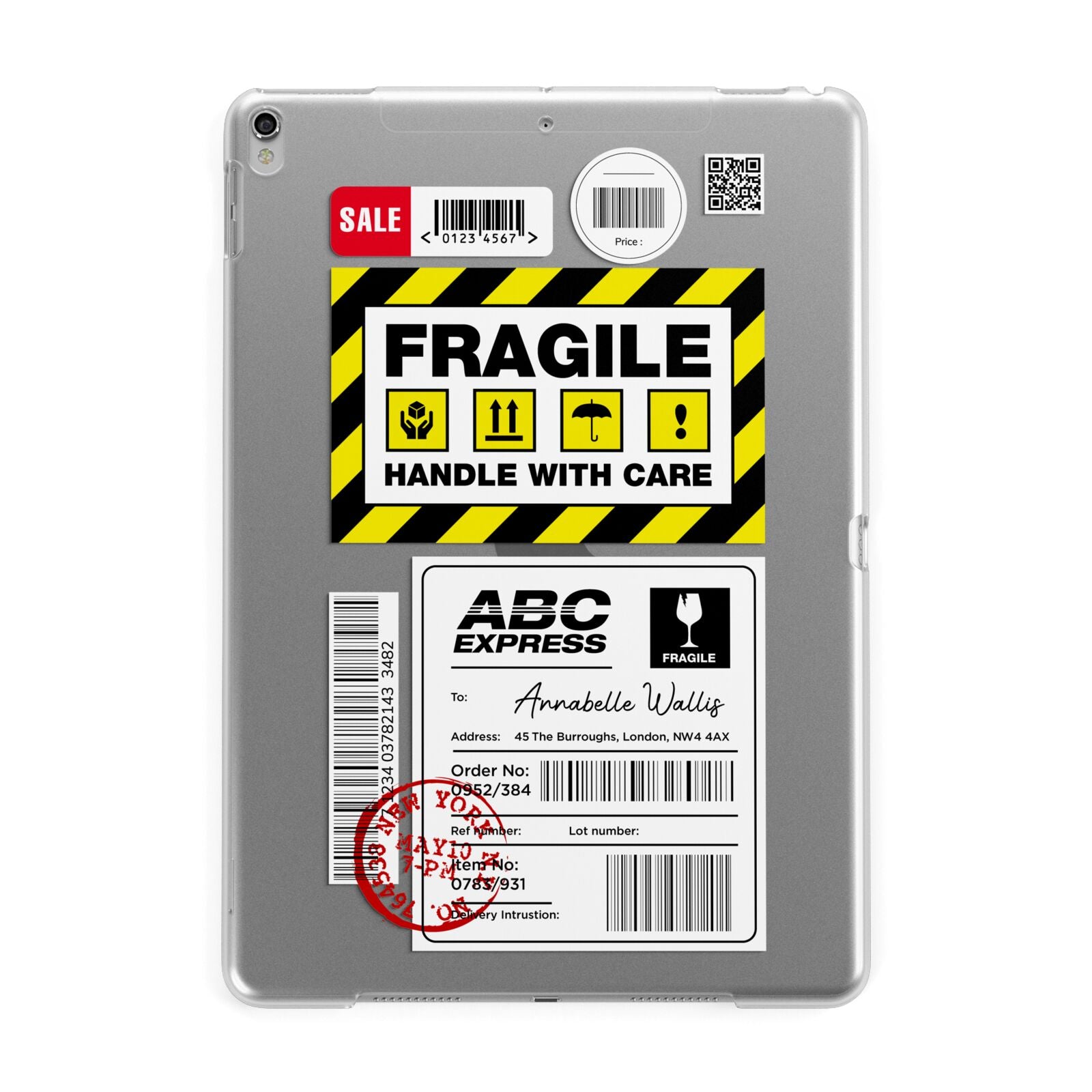 Fragile Courier Labels with Name Apple iPad Silver Case