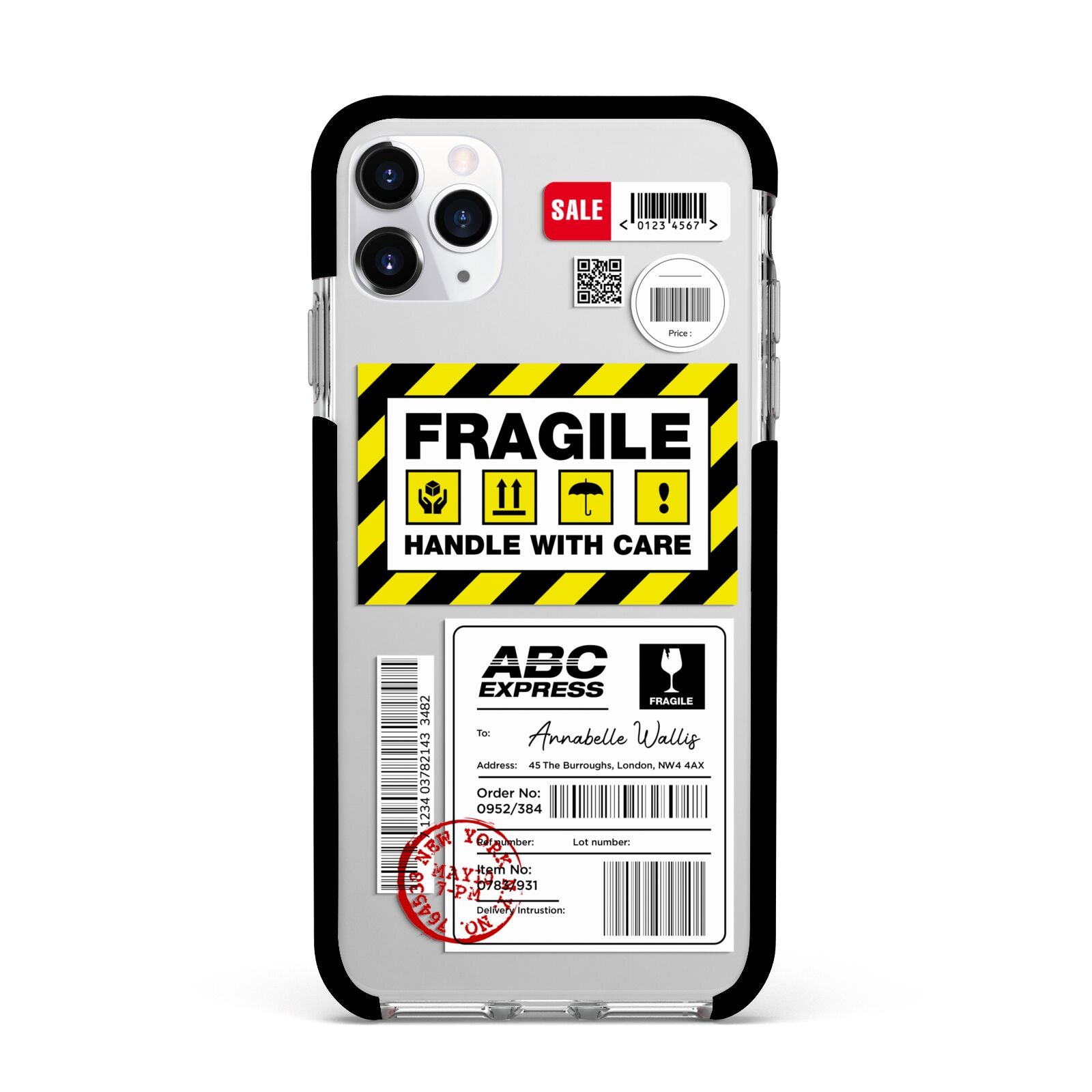 Fragile Courier Labels with Name Apple iPhone 11 Pro Max in Silver with Black Impact Case