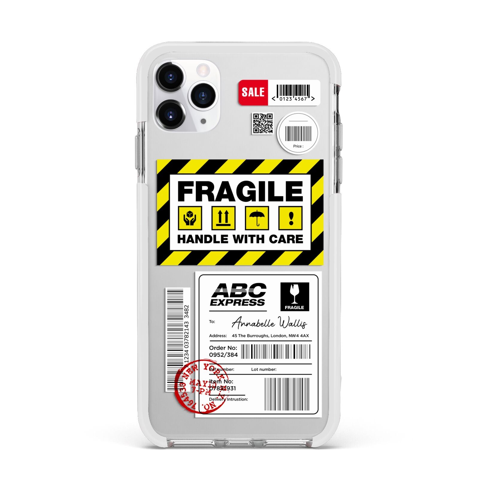 Fragile Courier Labels with Name Apple iPhone 11 Pro Max in Silver with White Impact Case