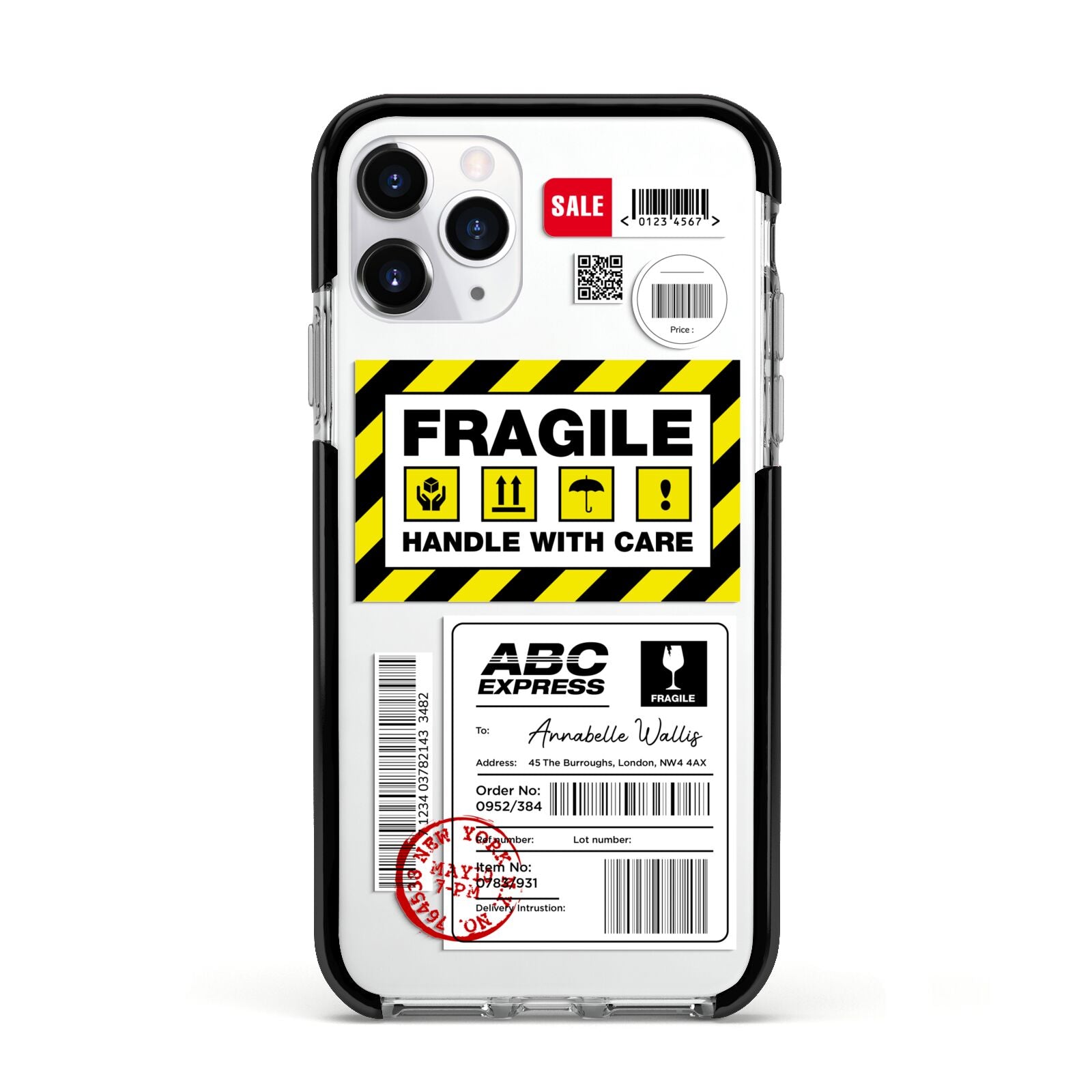 Fragile Courier Labels with Name Apple iPhone 11 Pro in Silver with Black Impact Case