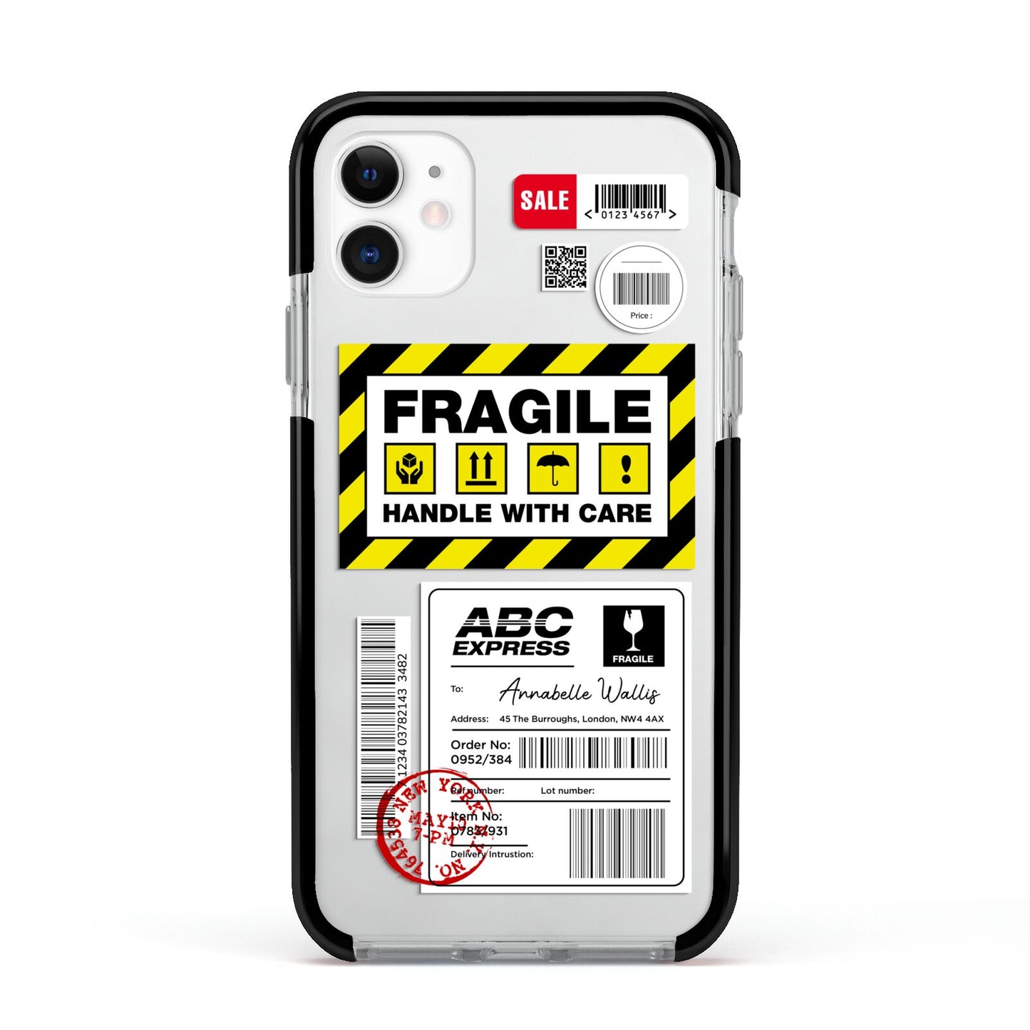 Fragile Courier Labels with Name Apple iPhone 11 in White with Black Impact Case