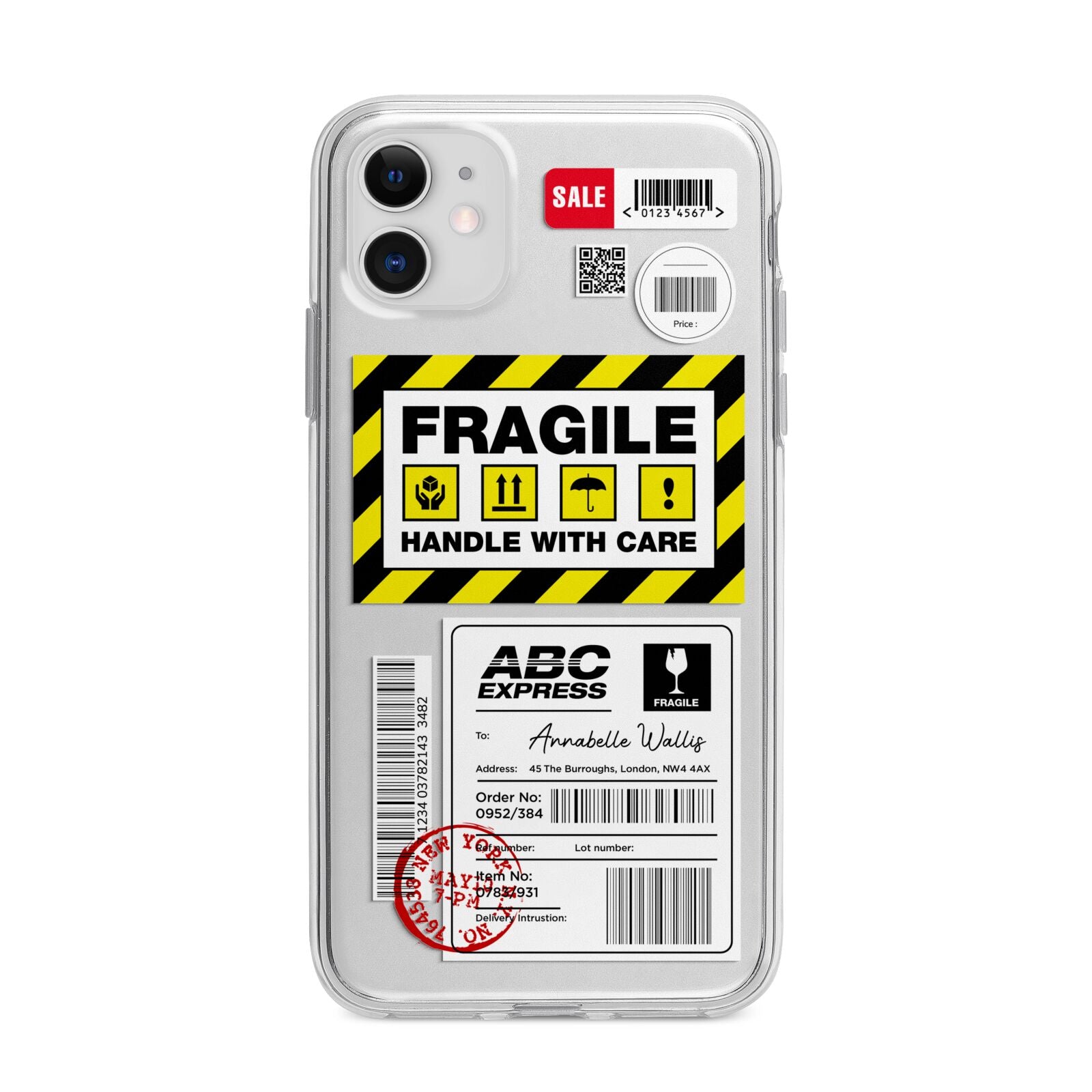 Fragile Courier Labels with Name Apple iPhone 11 in White with Bumper Case