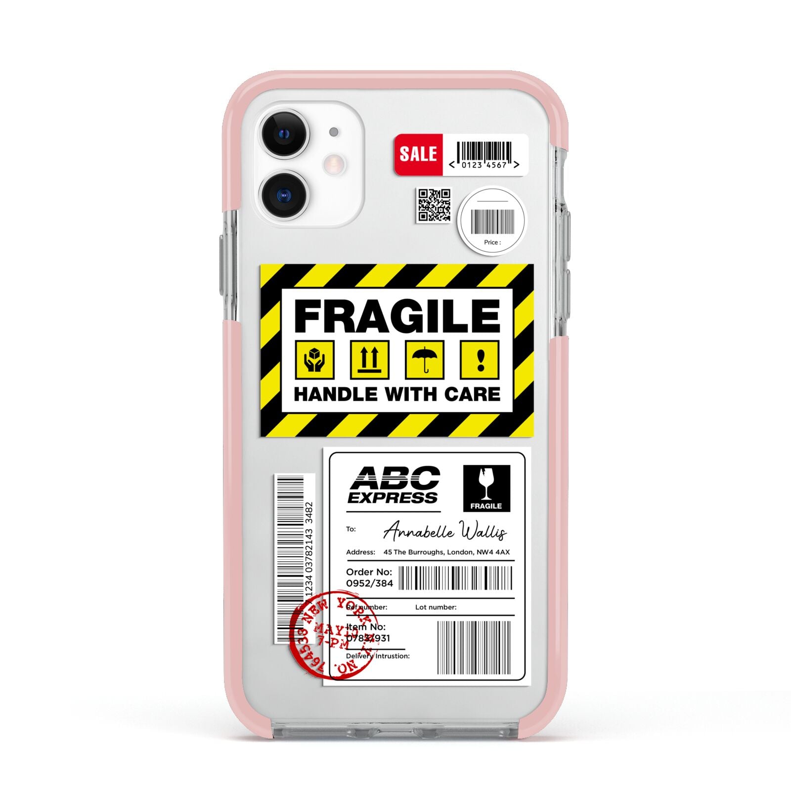 Fragile Courier Labels with Name Apple iPhone 11 in White with Pink Impact Case