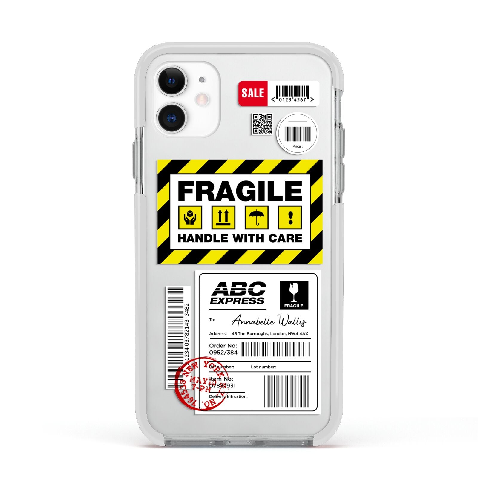 Fragile Courier Labels with Name Apple iPhone 11 in White with White Impact Case