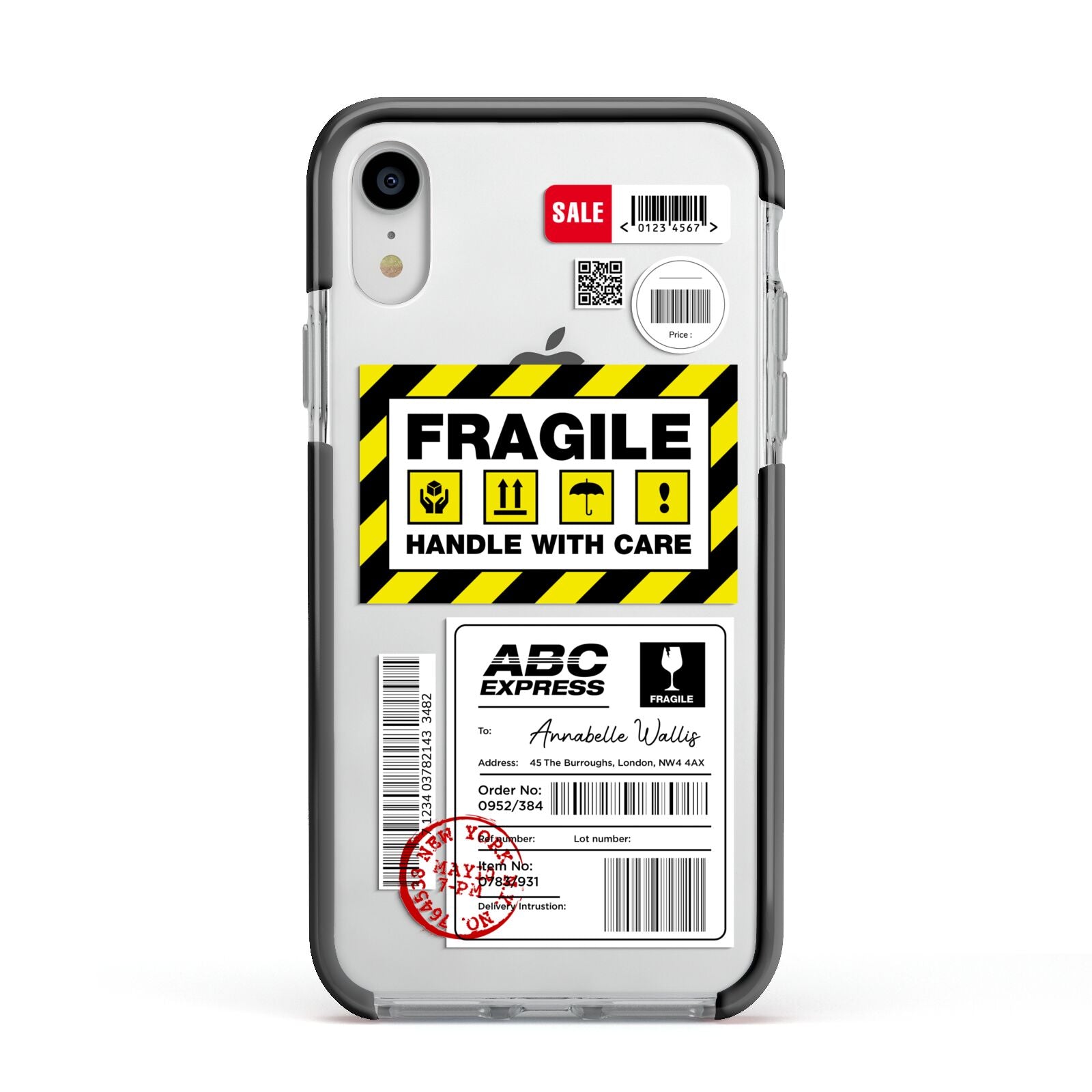 Fragile Courier Labels with Name Apple iPhone XR Impact Case Black Edge on Silver Phone