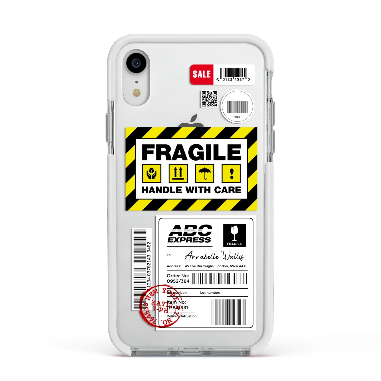 Fragile Courier Labels with Name Apple iPhone XR Impact Case White Edge on Silver Phone