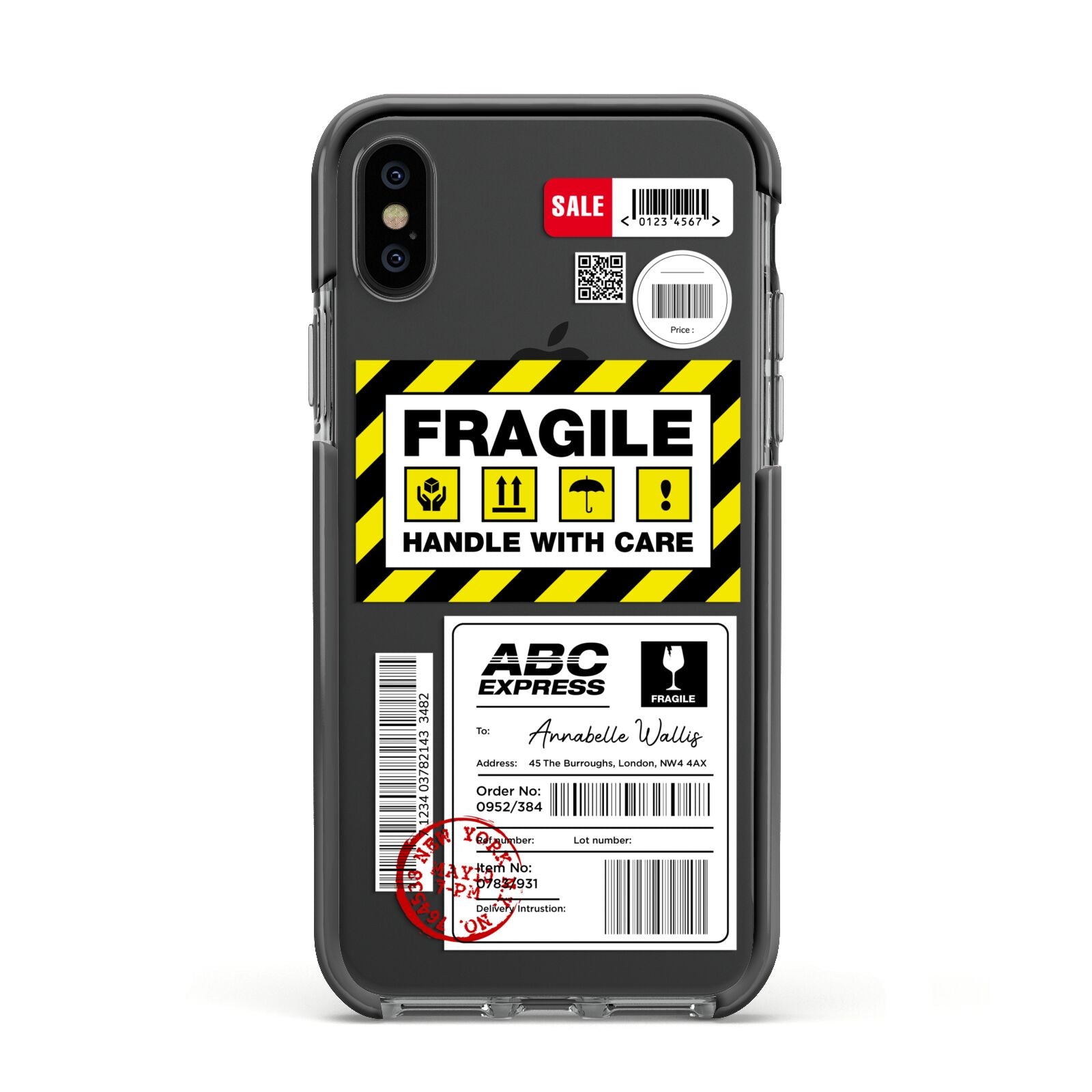 Fragile Courier Labels with Name Apple iPhone Xs Impact Case Black Edge on Black Phone