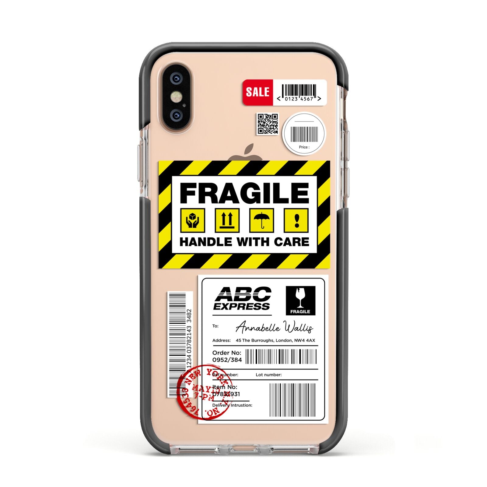 Fragile Courier Labels with Name Apple iPhone Xs Impact Case Black Edge on Gold Phone