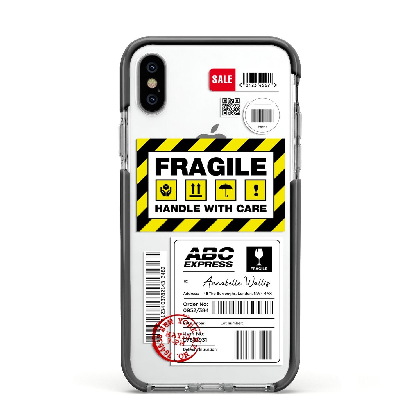 Fragile Courier Labels with Name Apple iPhone Xs Impact Case Black Edge on Silver Phone