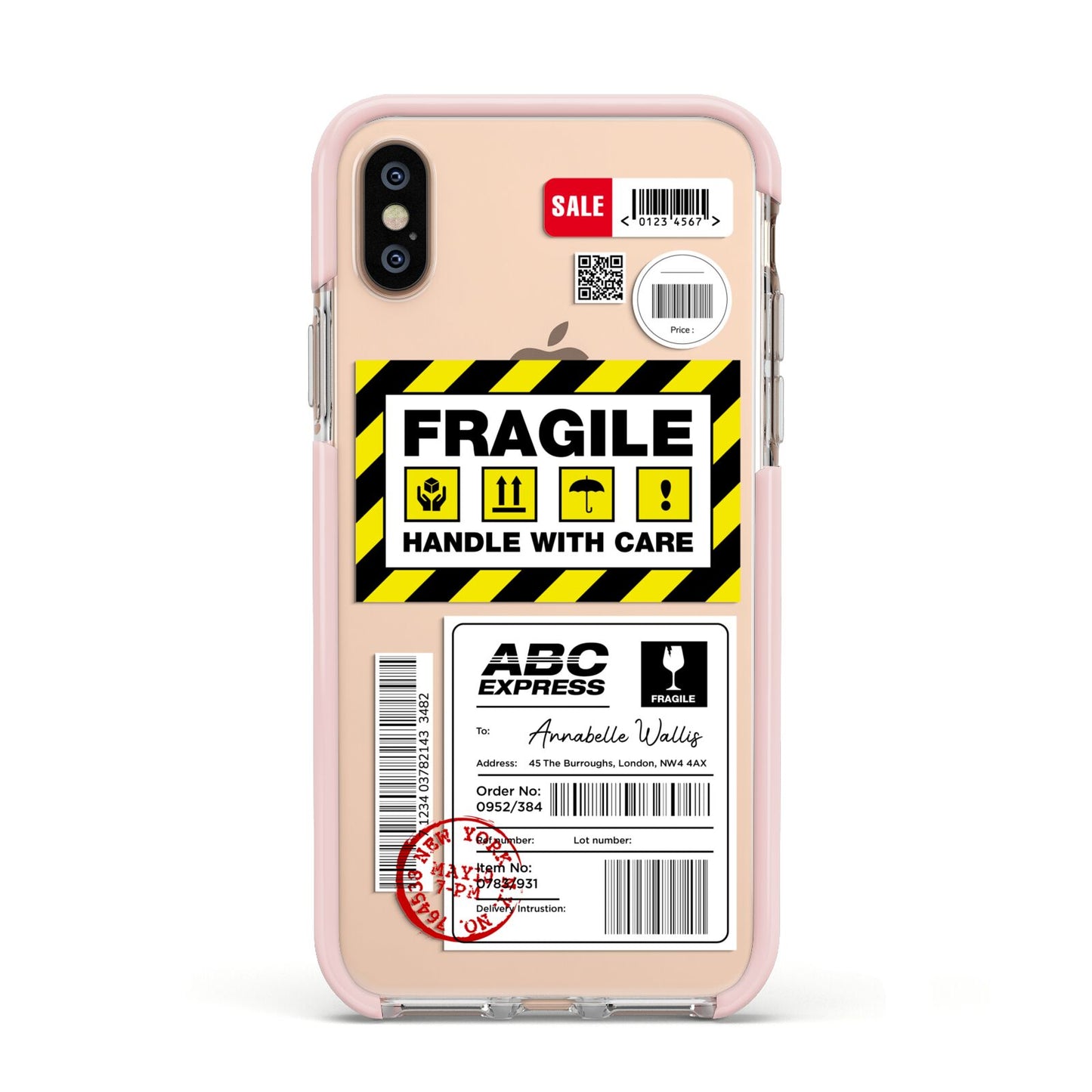 Fragile Courier Labels with Name Apple iPhone Xs Impact Case Pink Edge on Gold Phone