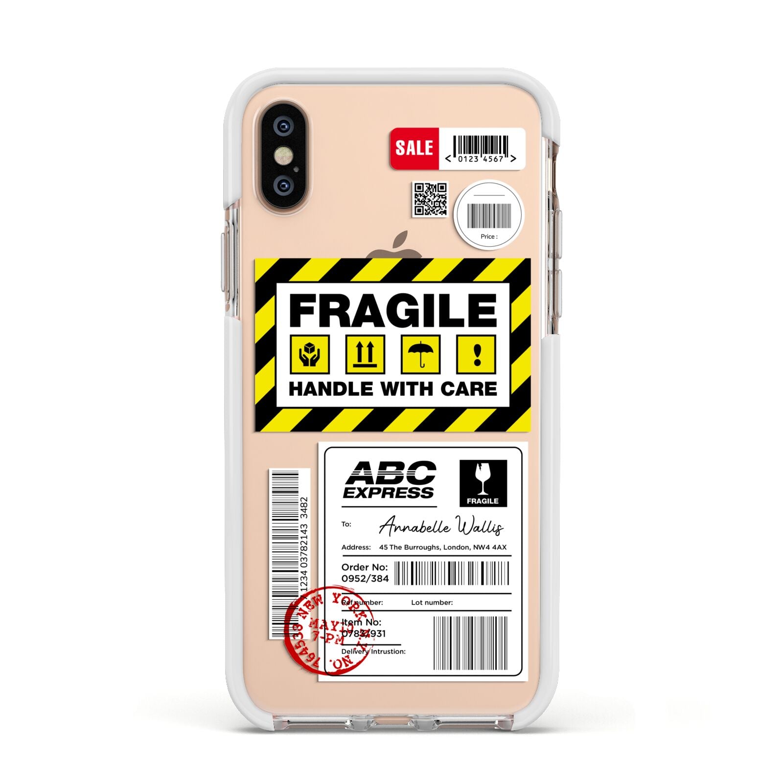 Fragile Courier Labels with Name Apple iPhone Xs Impact Case White Edge on Gold Phone