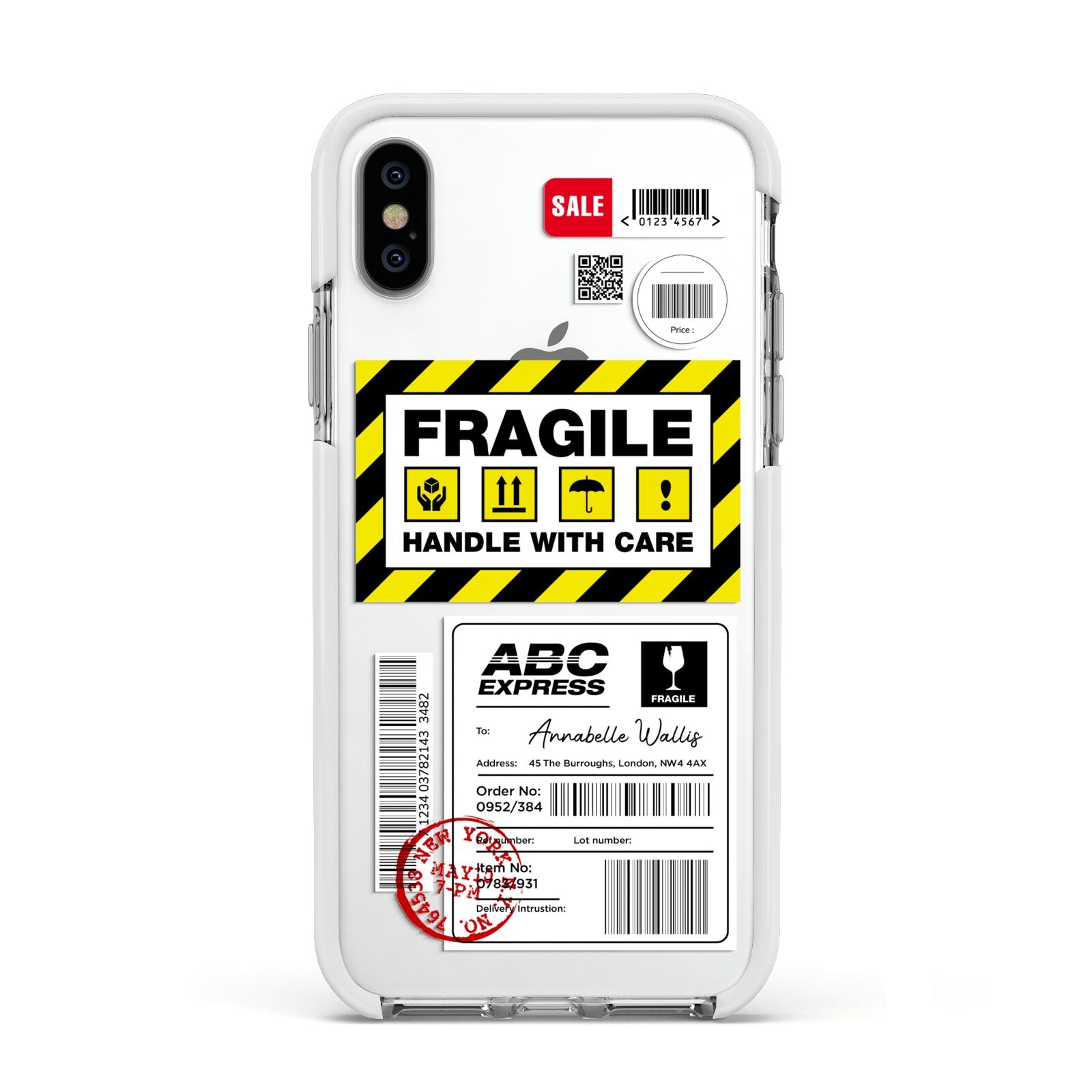 Fragile Courier Labels with Name Apple iPhone Xs Impact Case White Edge on Silver Phone