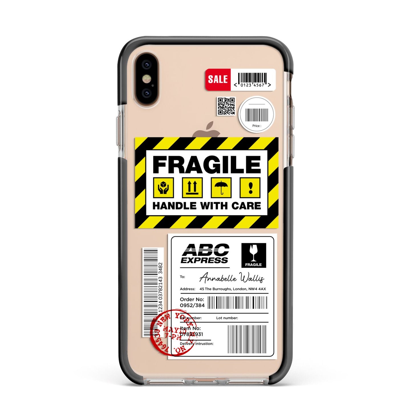 Fragile Courier Labels with Name Apple iPhone Xs Max Impact Case Black Edge on Gold Phone