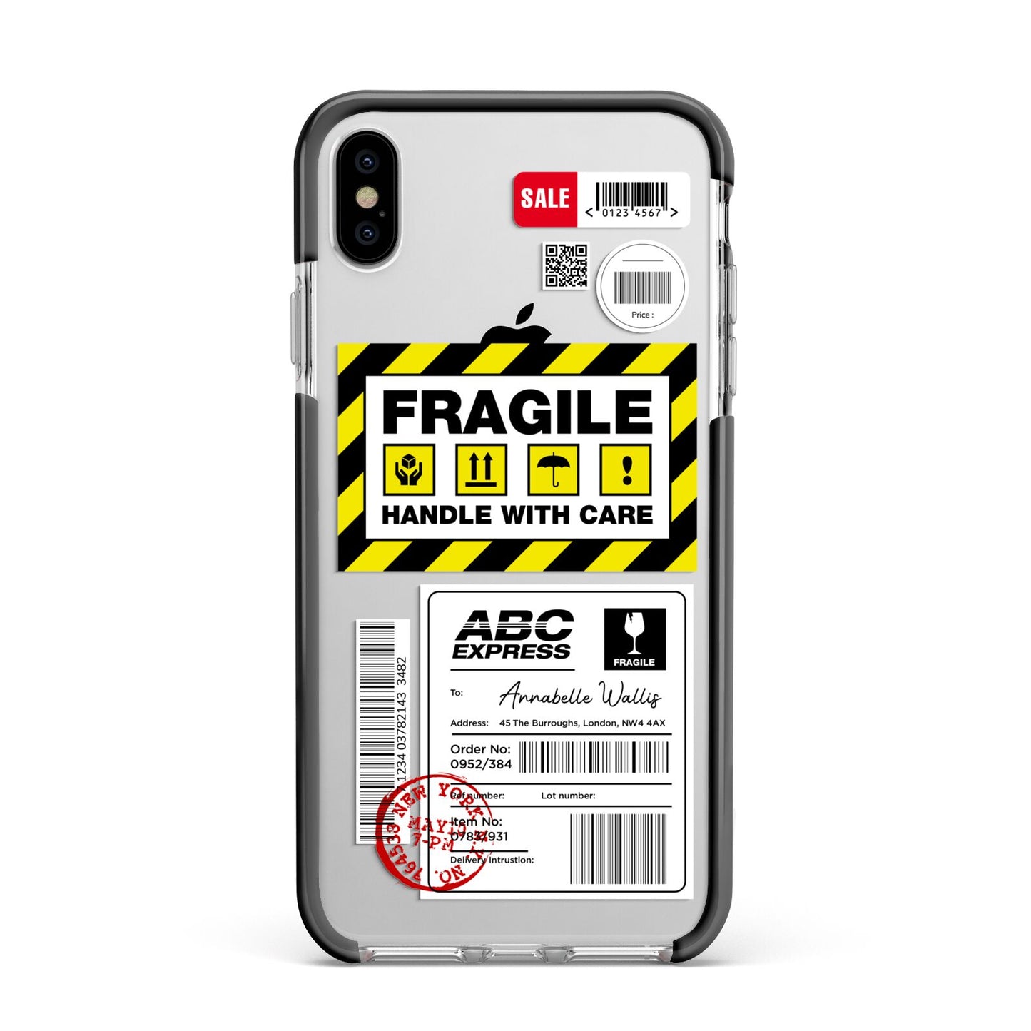 Fragile Courier Labels with Name Apple iPhone Xs Max Impact Case Black Edge on Silver Phone