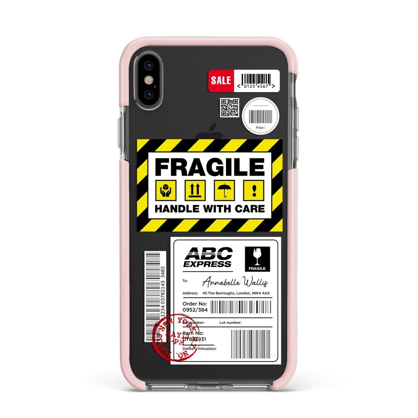 Fragile Courier Labels with Name Apple iPhone Xs Max Impact Case Pink Edge on Black Phone