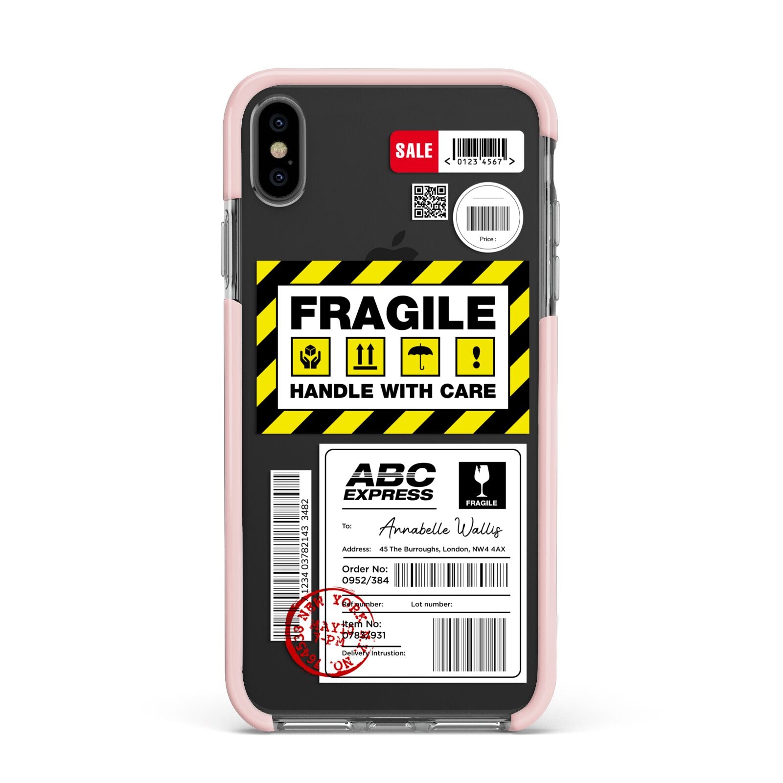 Fragile Courier Labels with Name Apple iPhone Xs Max Impact Case Pink Edge on Black Phone