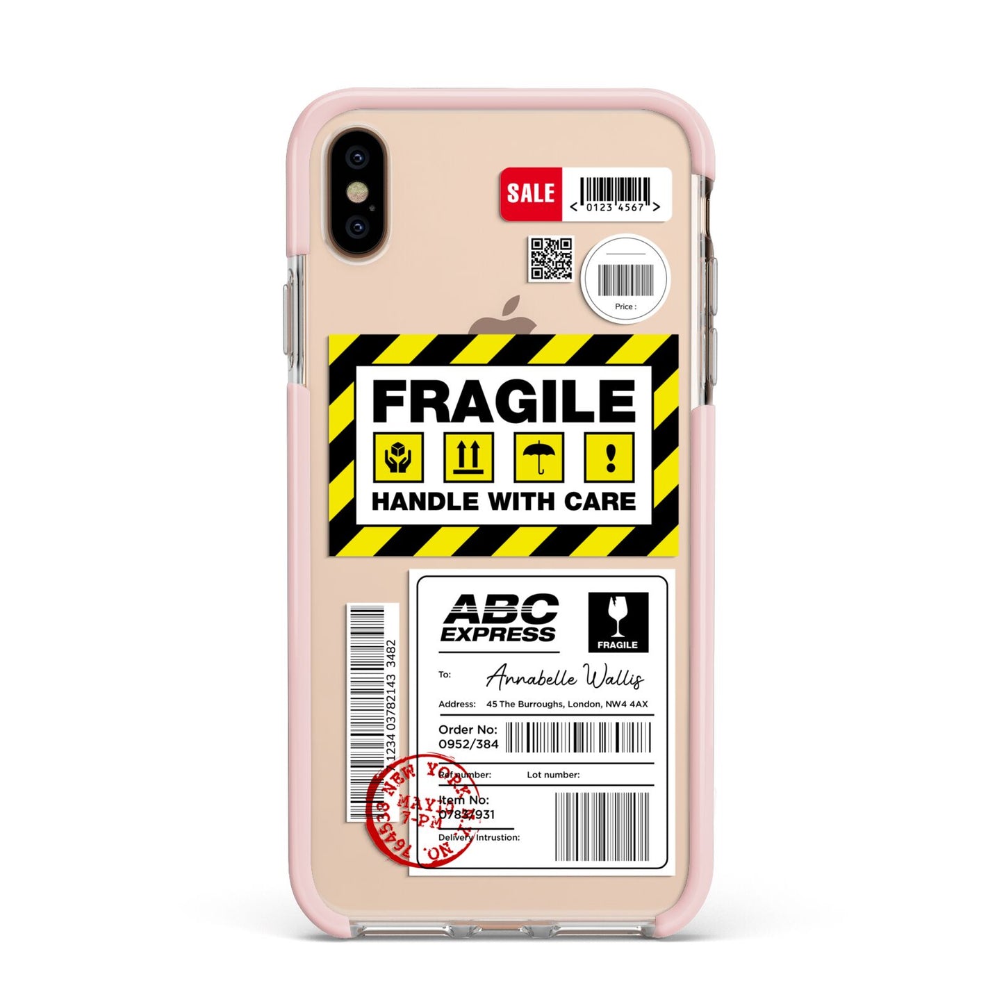 Fragile Courier Labels with Name Apple iPhone Xs Max Impact Case Pink Edge on Gold Phone