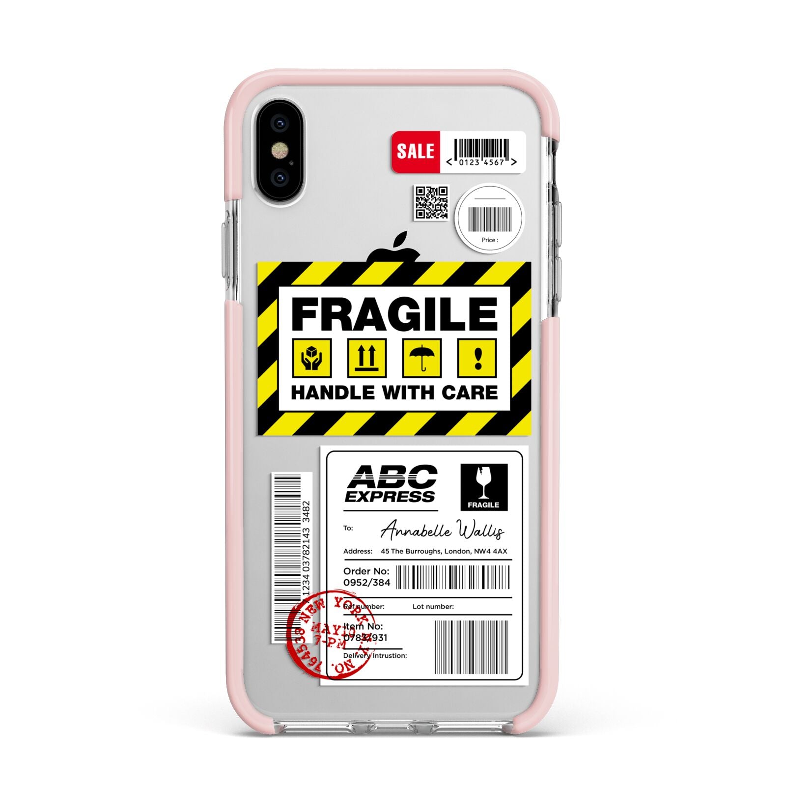 Fragile Courier Labels with Name Apple iPhone Xs Max Impact Case Pink Edge on Silver Phone