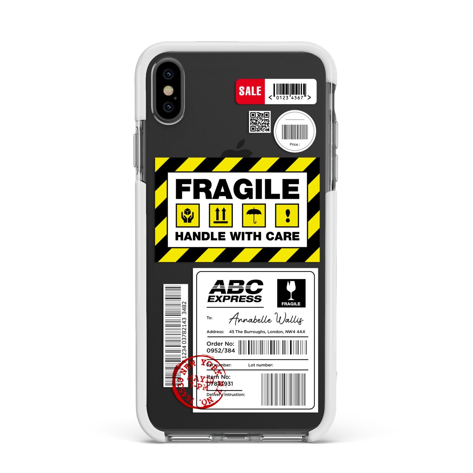 Fragile Courier Labels with Name Apple iPhone Xs Max Impact Case White Edge on Black Phone