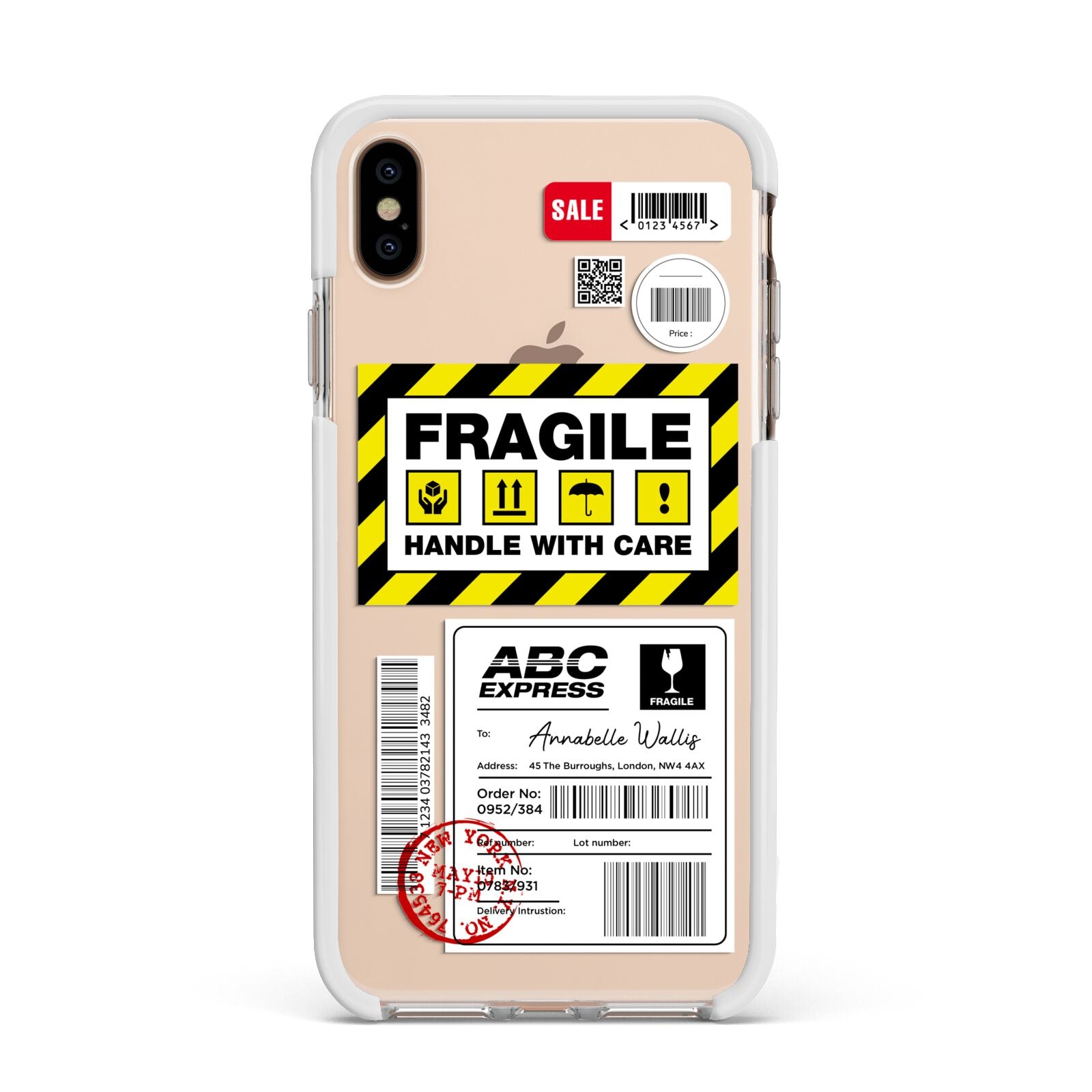 Fragile Courier Labels with Name Apple iPhone Xs Max Impact Case White Edge on Gold Phone