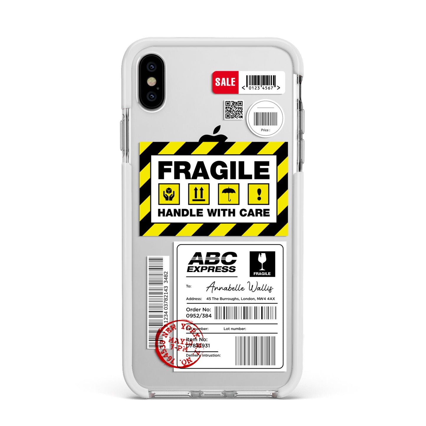 Fragile Courier Labels with Name Apple iPhone Xs Max Impact Case White Edge on Silver Phone