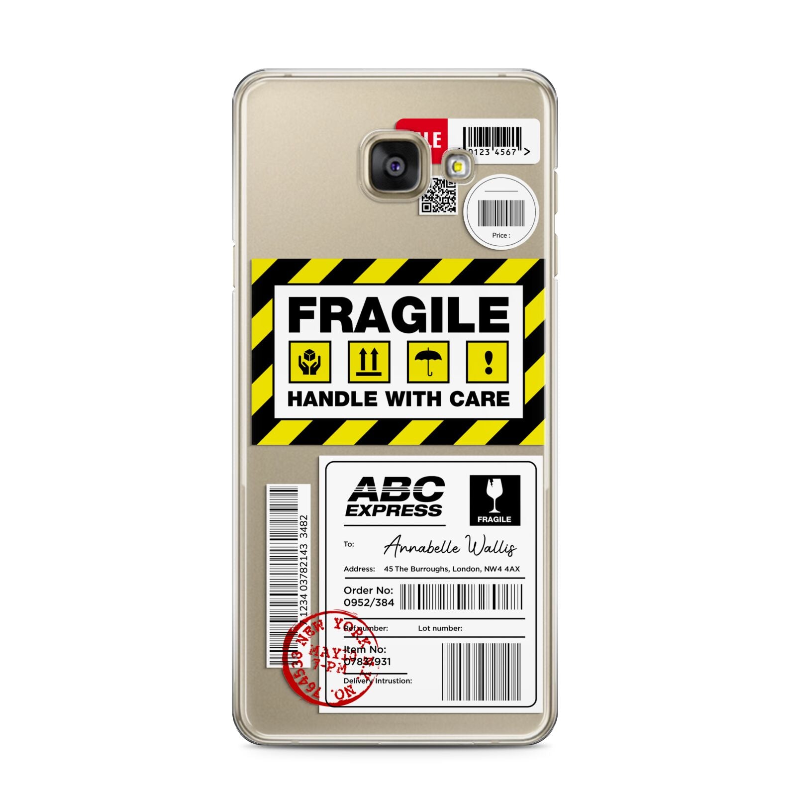 Fragile Courier Labels with Name Samsung Galaxy A3 2016 Case on gold phone