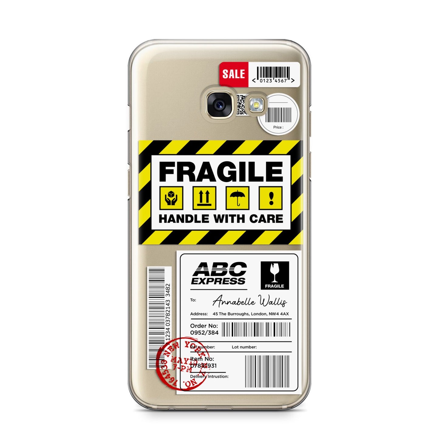 Fragile Courier Labels with Name Samsung Galaxy A3 2017 Case on gold phone