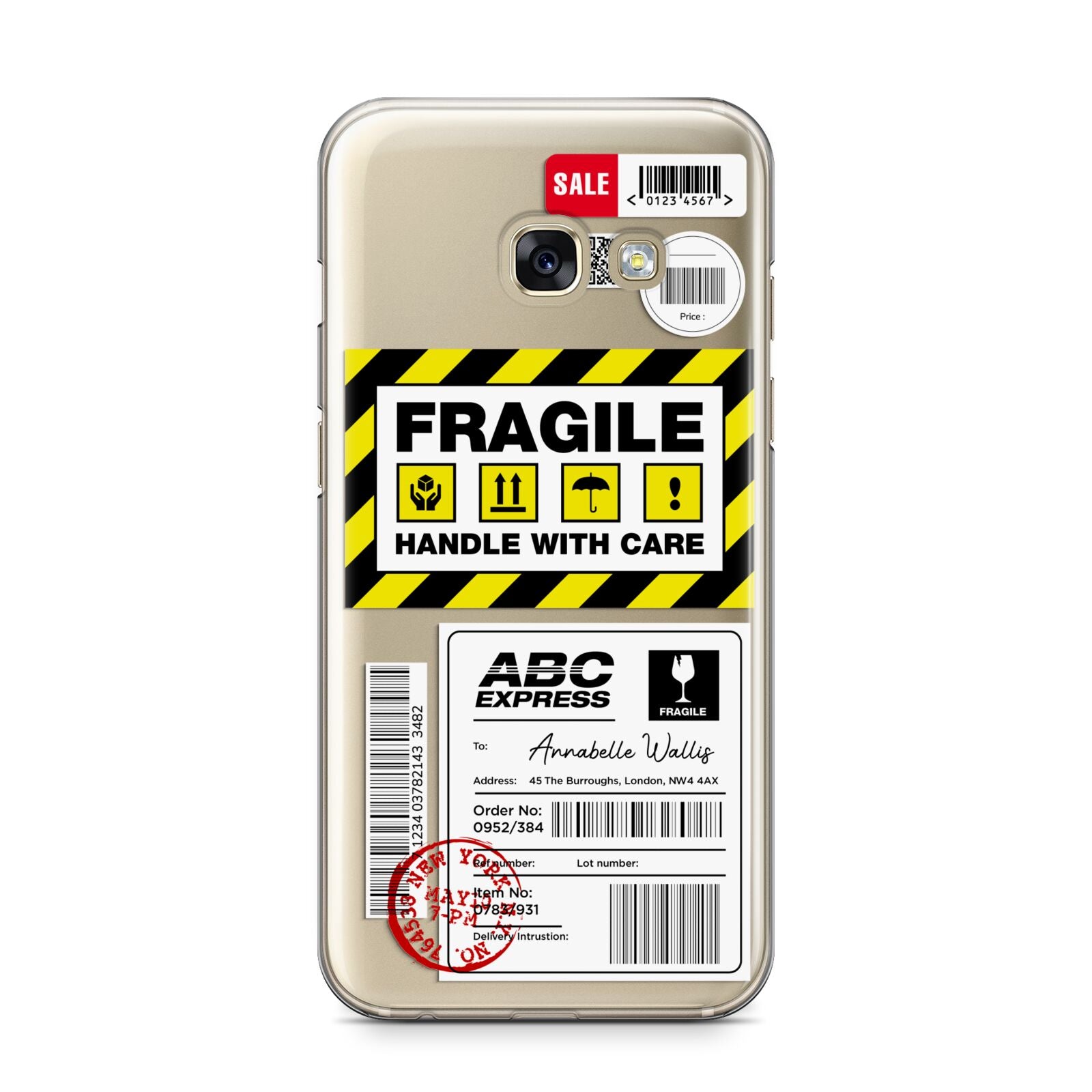 Fragile Courier Labels with Name Samsung Galaxy A3 2017 Case on gold phone