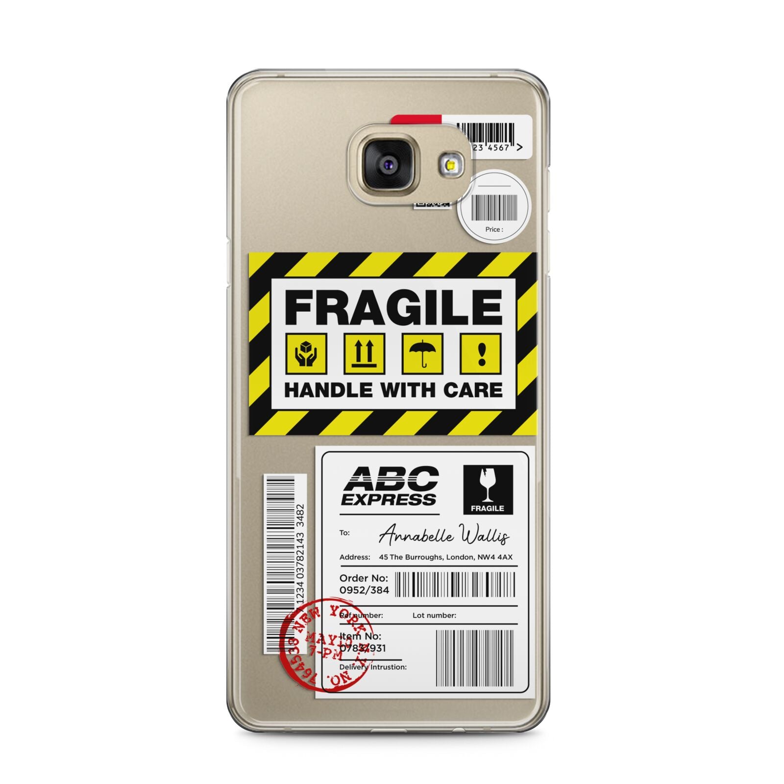 Fragile Courier Labels with Name Samsung Galaxy A5 2016 Case on gold phone