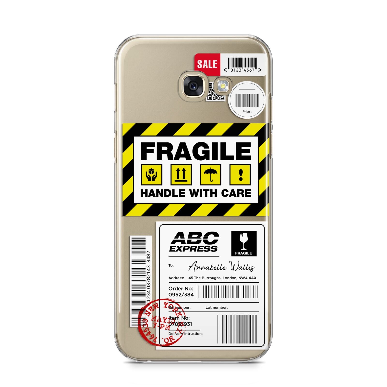 Fragile Courier Labels with Name Samsung Galaxy A5 2017 Case on gold phone