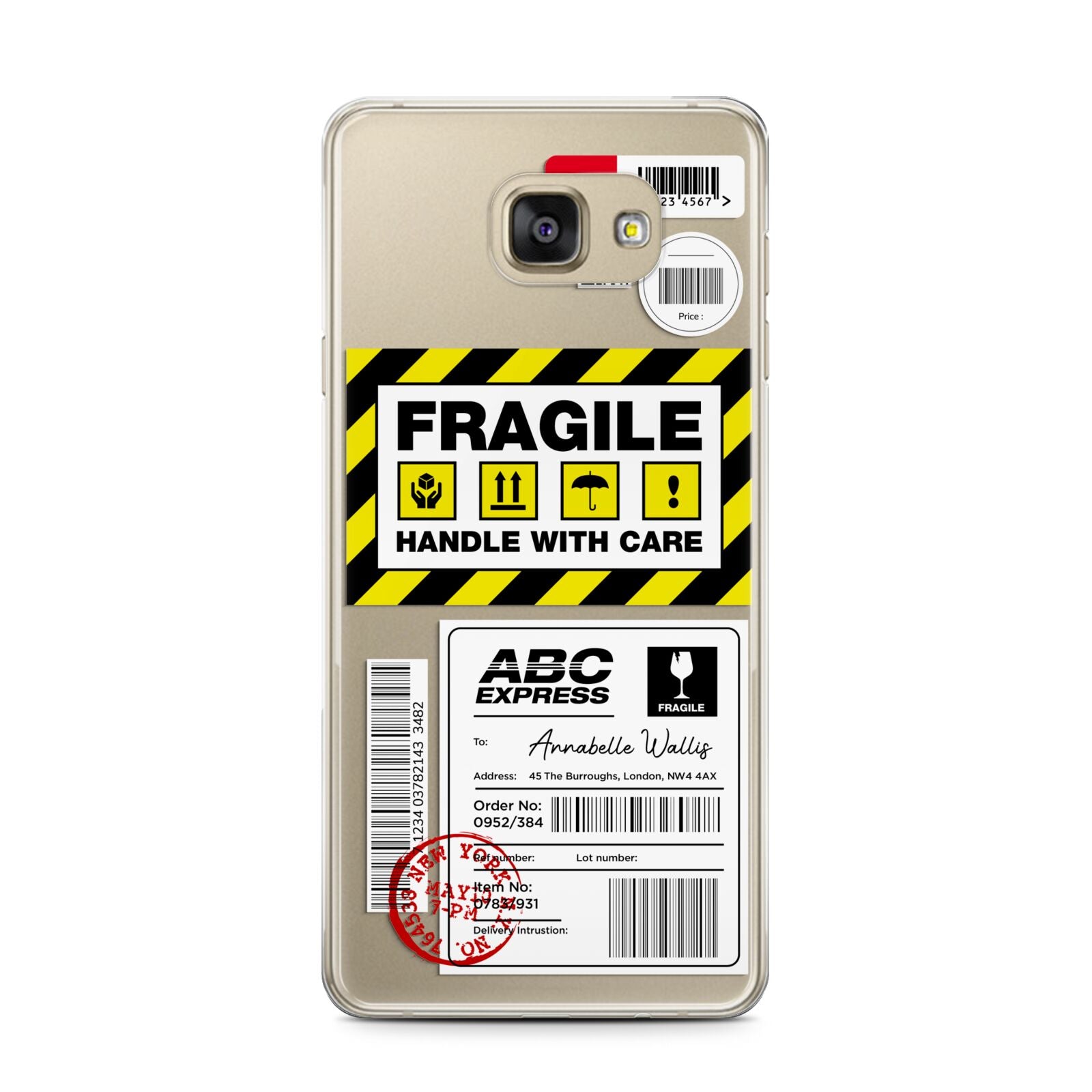 Fragile Courier Labels with Name Samsung Galaxy A7 2016 Case on gold phone