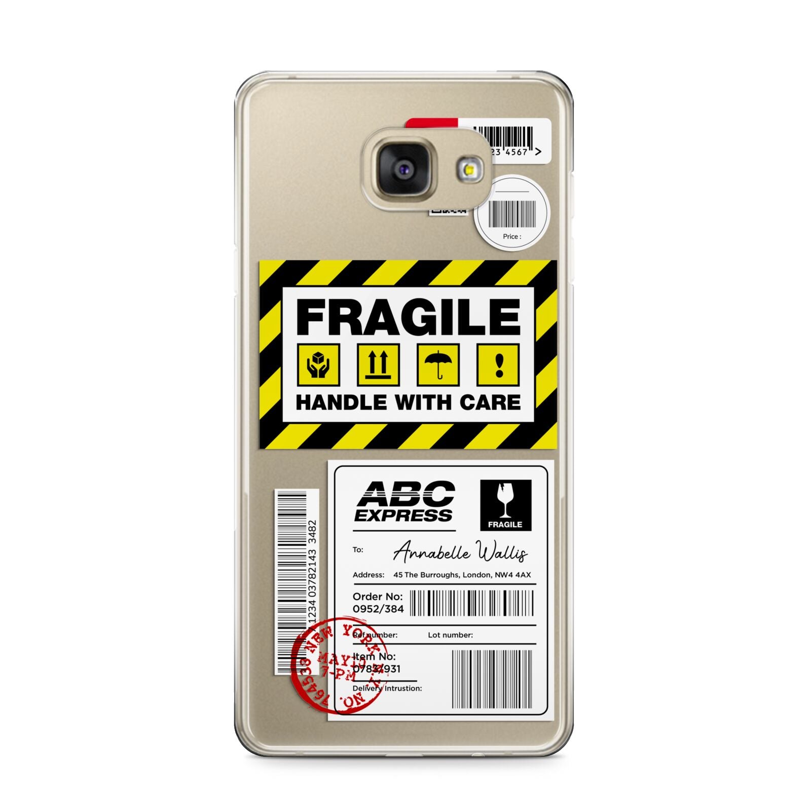 Fragile Courier Labels with Name Samsung Galaxy A9 2016 Case on gold phone