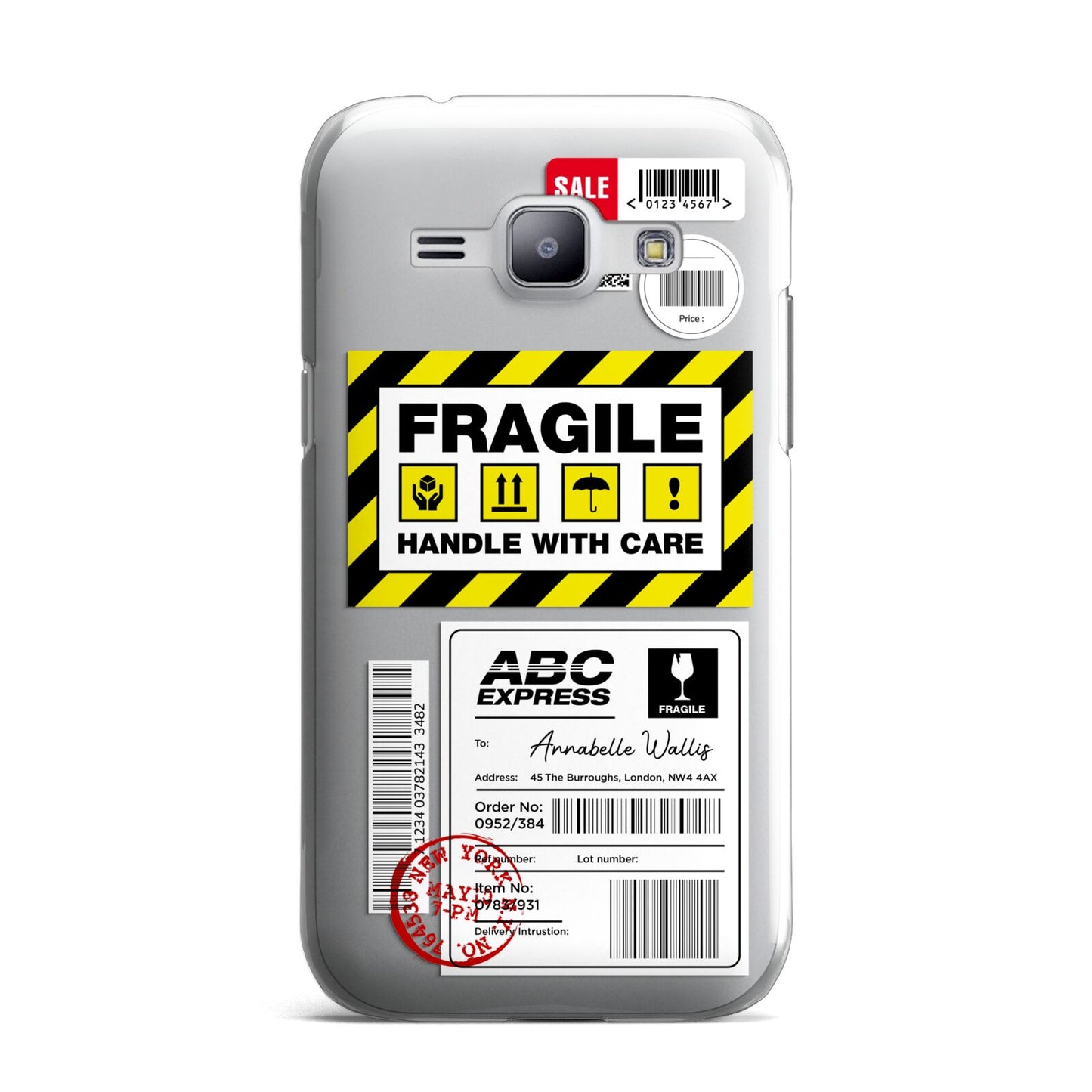 Fragile Courier Labels with Name Samsung Galaxy J1 2015 Case