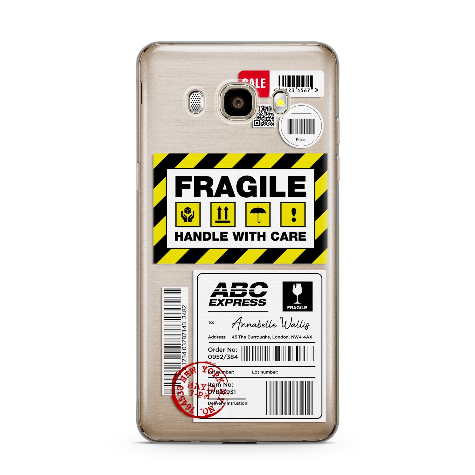 Fragile Courier Labels with Name Samsung Galaxy J7 2016 Case on gold phone