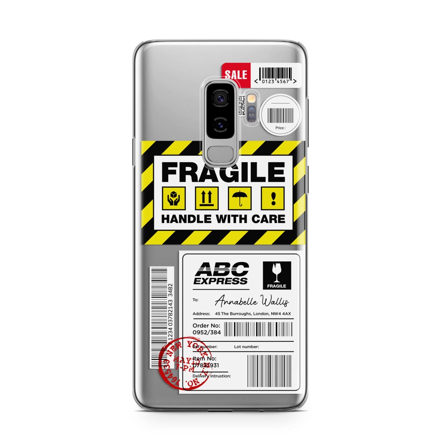 Fragile Courier Labels with Name Samsung Galaxy S9 Plus Case on Silver phone